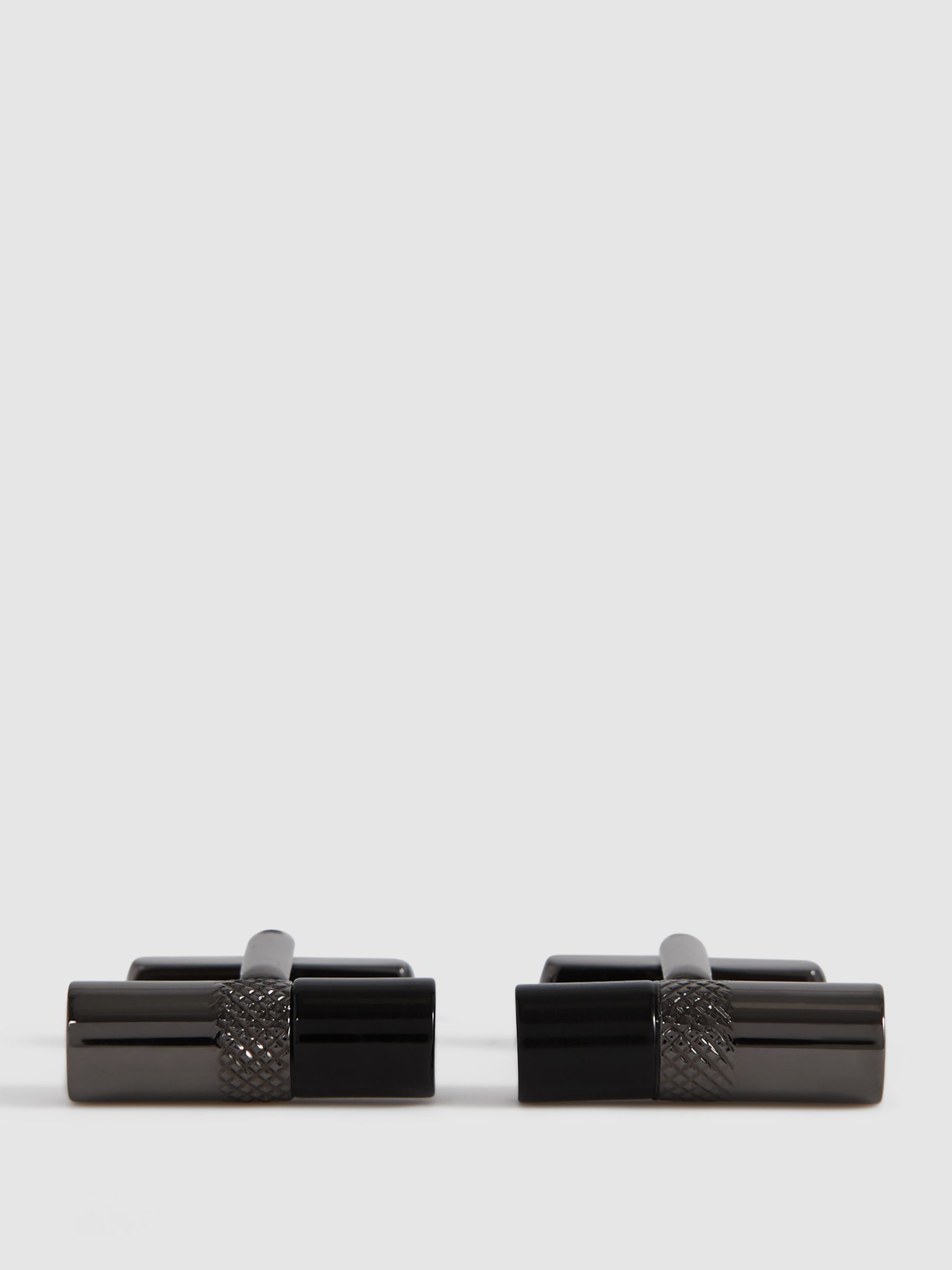Stone Insert Barrel Cufflinks in Gunmetal/Onyx - Image 1 of 6