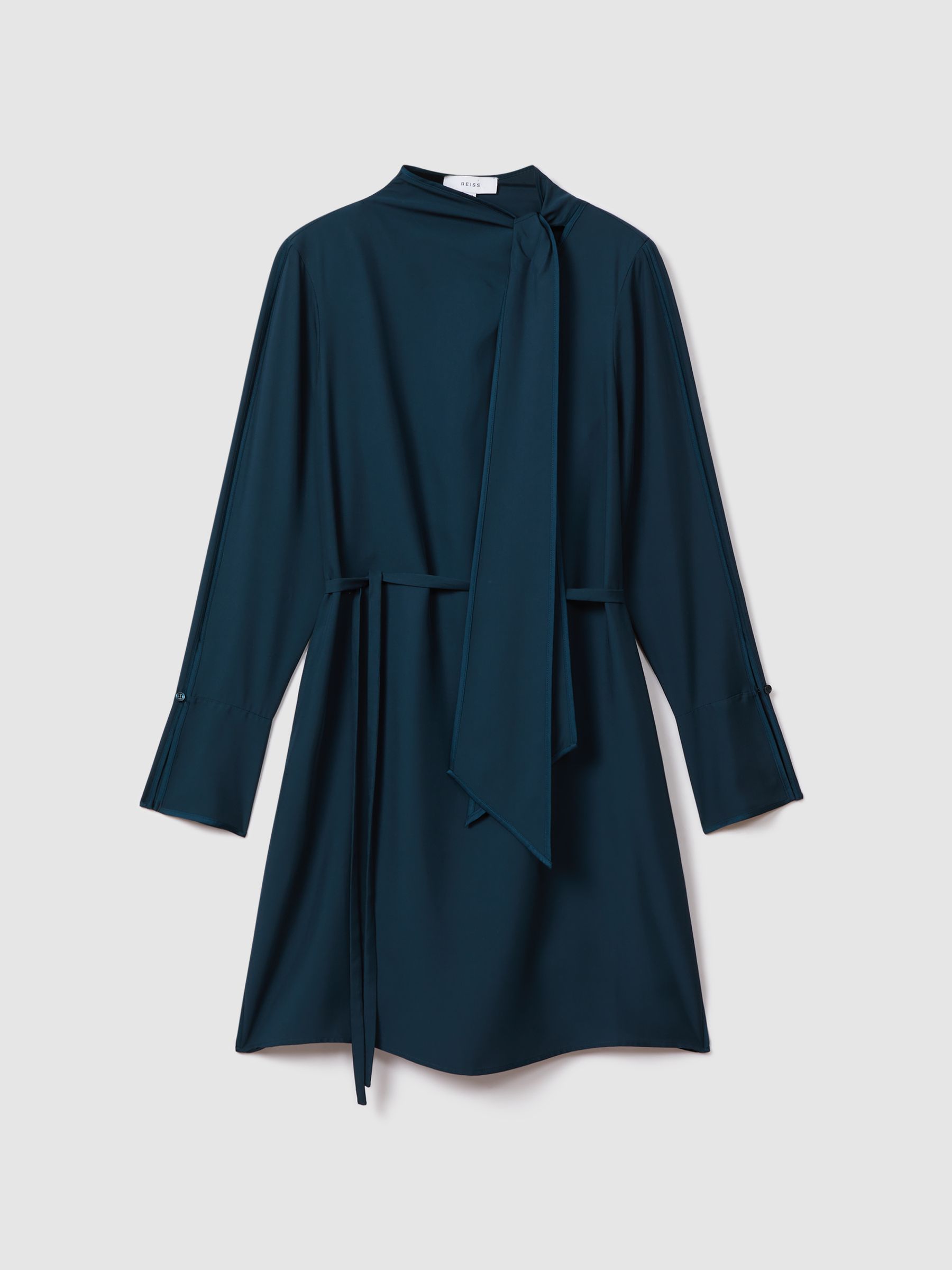 Tie Neck Belted Mini Dress in Teal - Image 2 of 7