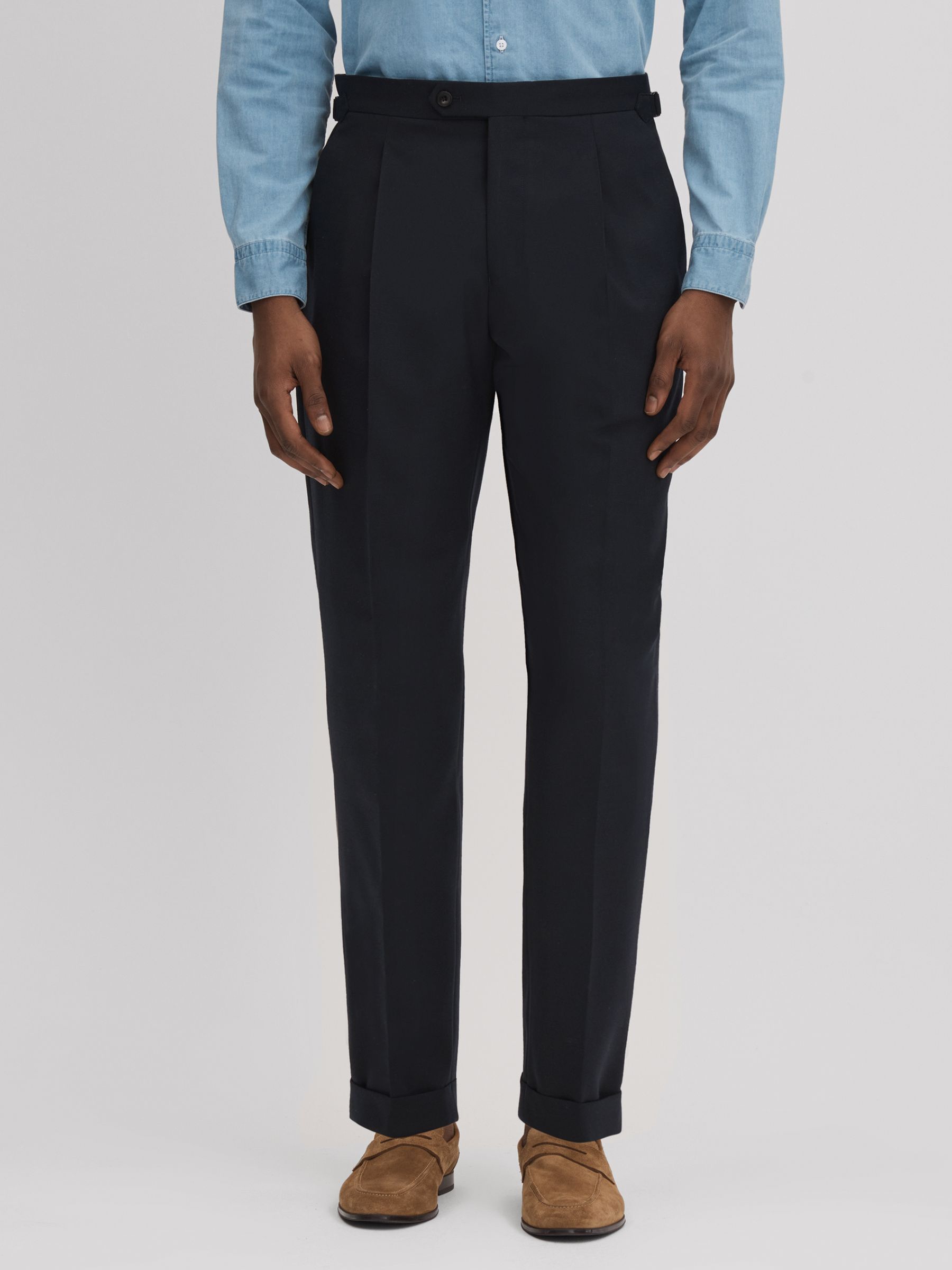 Slim Fit Wool Blend Trousers with Turn-Ups in Navy - Image 1 of 5