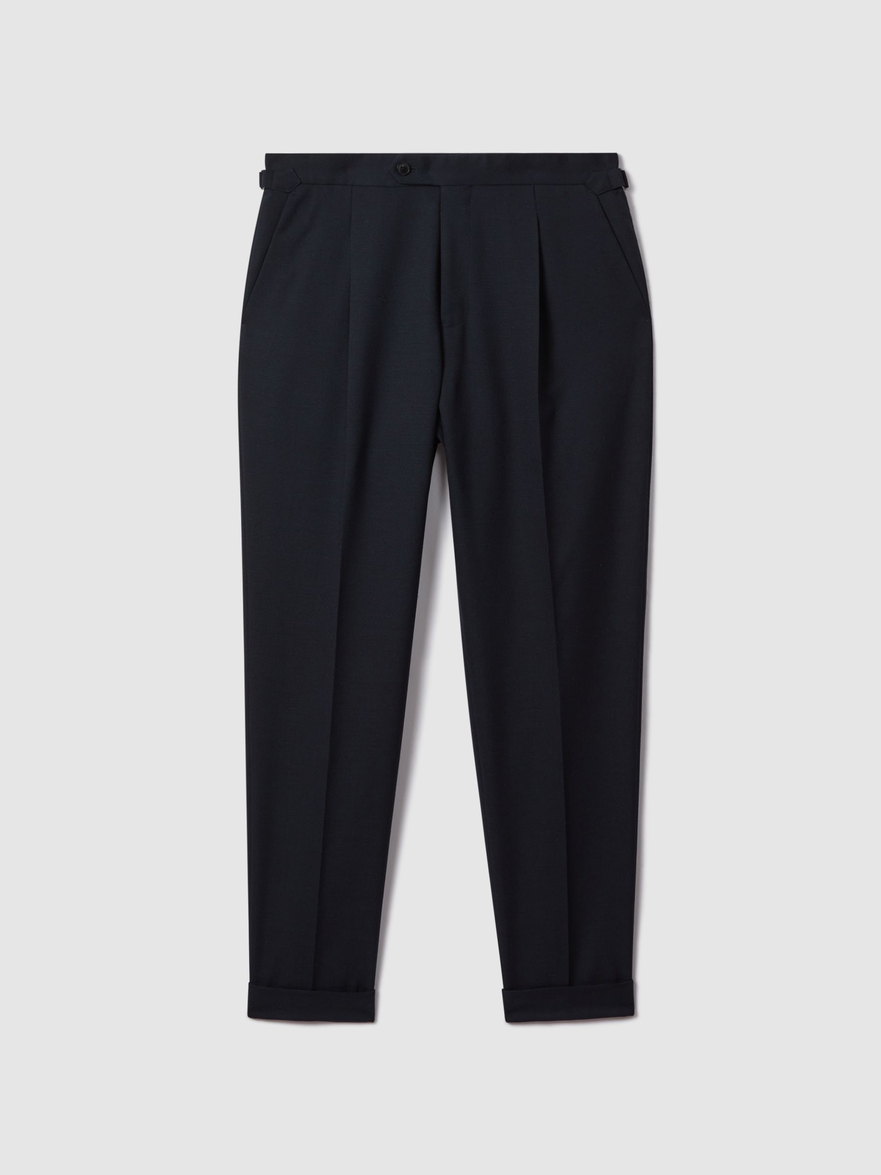 Slim Fit Wool Blend Trousers with Turn-Ups in Navy - Image 2 of 5