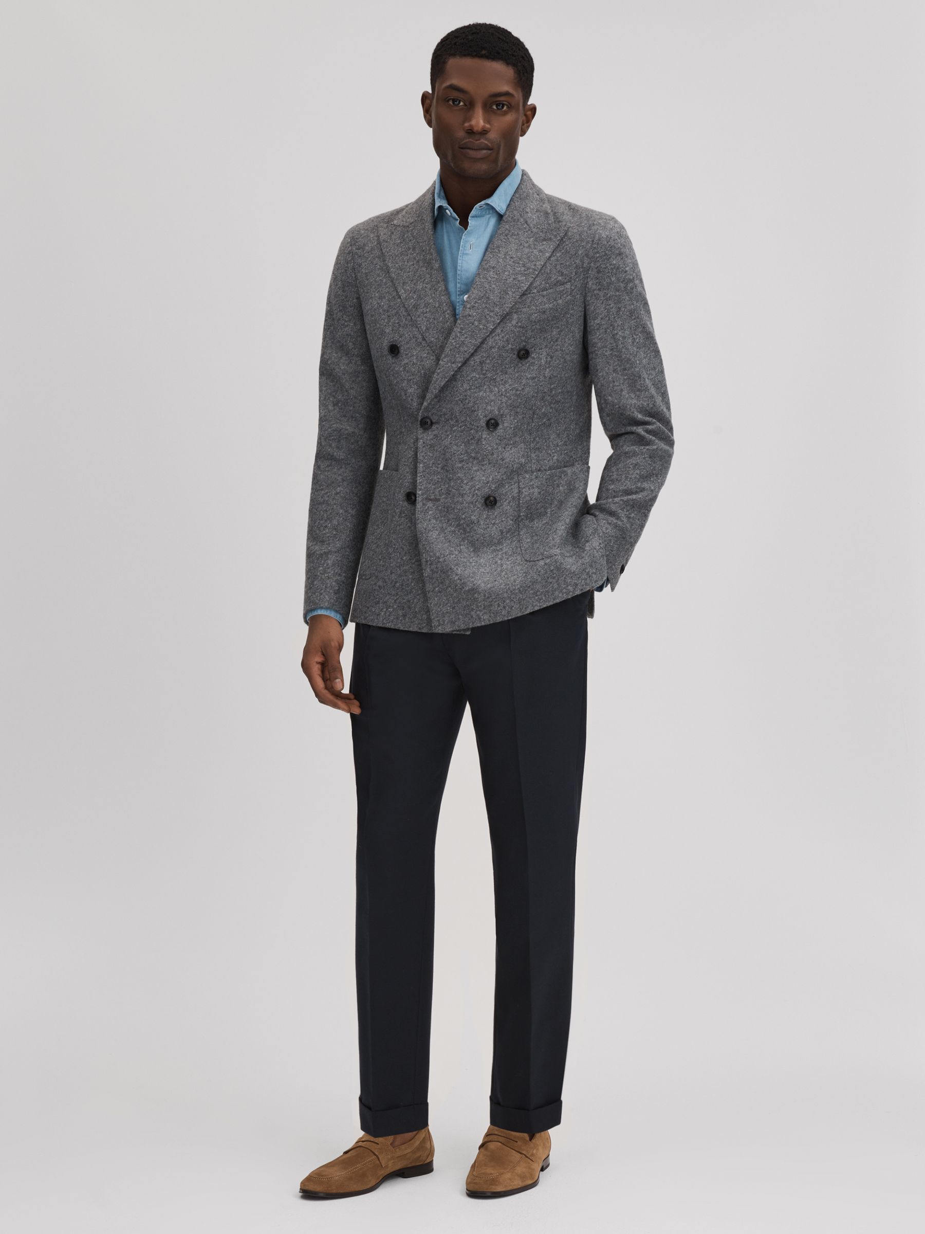 Slim Fit Wool Blend Trousers with Turn-Ups in Navy - Image 3 of 5