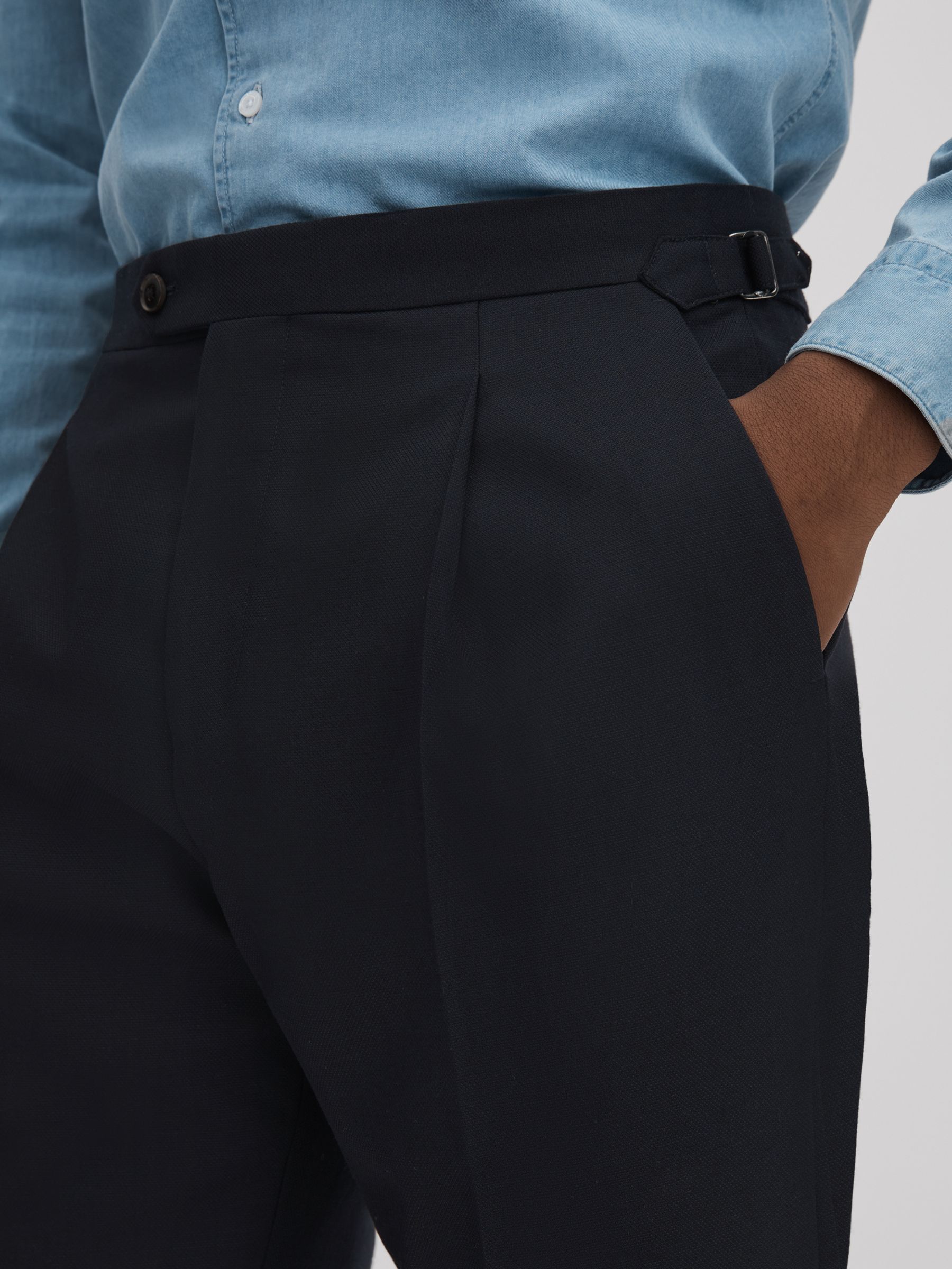 Slim Fit Wool Blend Trousers with Turn-Ups in Navy - Image 4 of 5