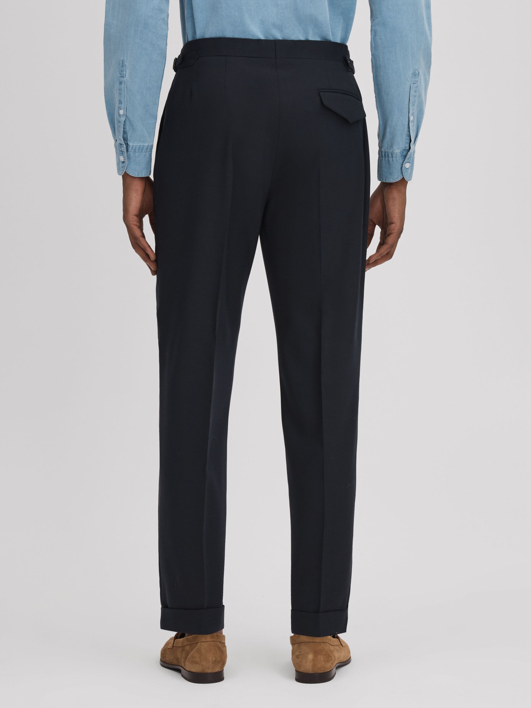 Slim Fit Wool Blend Trousers with Turn-Ups in Navy - Image 5 of 5