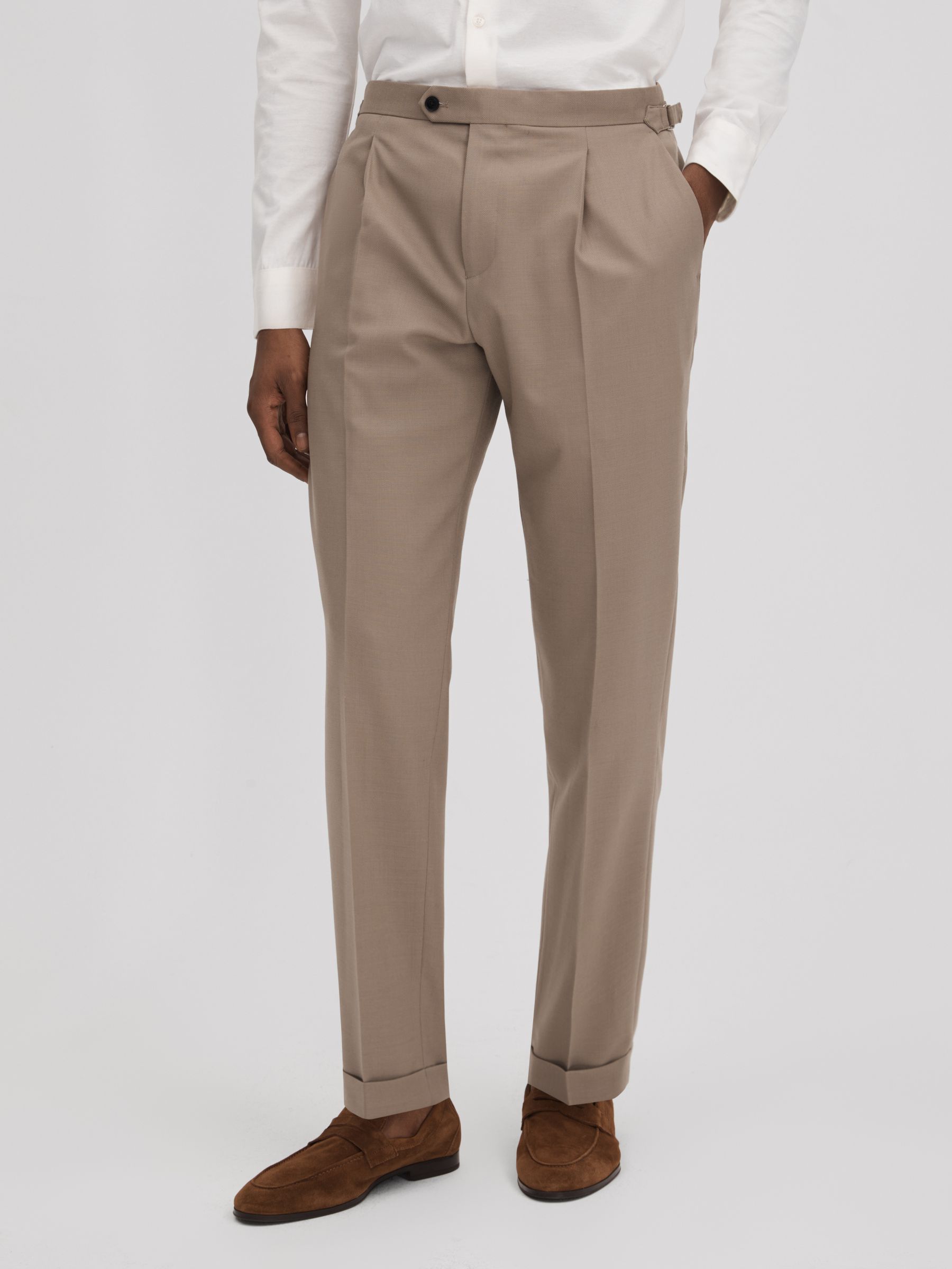 Slim Fit Wool Blend Trousers with Turn-Ups in Taupe - Image 1 of 6