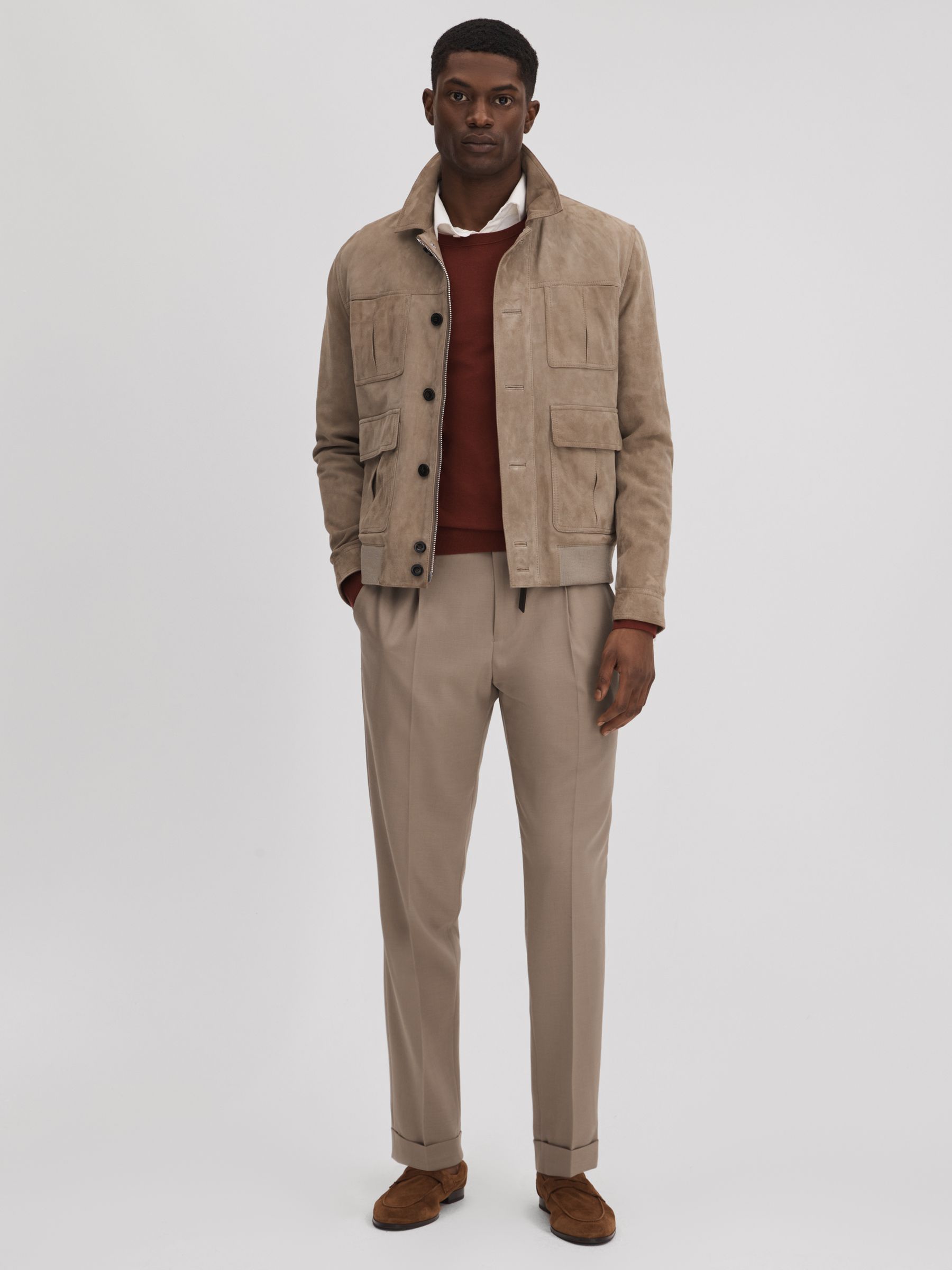Slim Fit Wool Blend Trousers with Turn-Ups in Taupe - Image 3 of 6