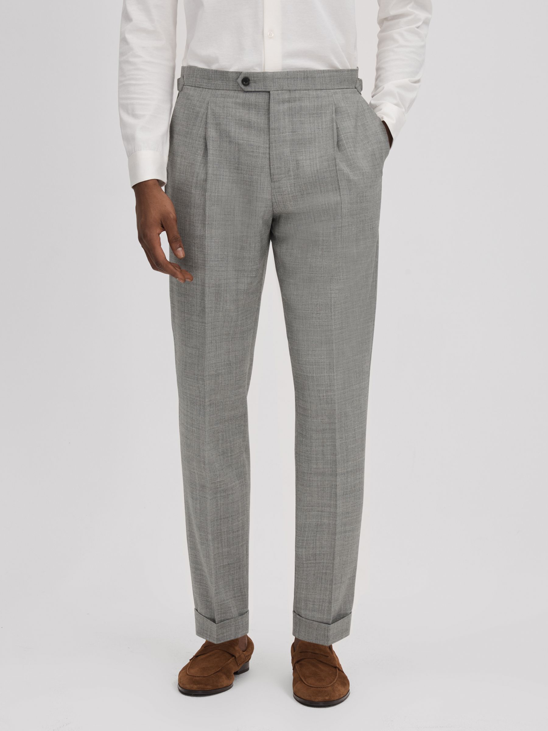 Slim Fit Wool Blend Trousers with Turn-Ups in Soft Grey - Image 1 of 5