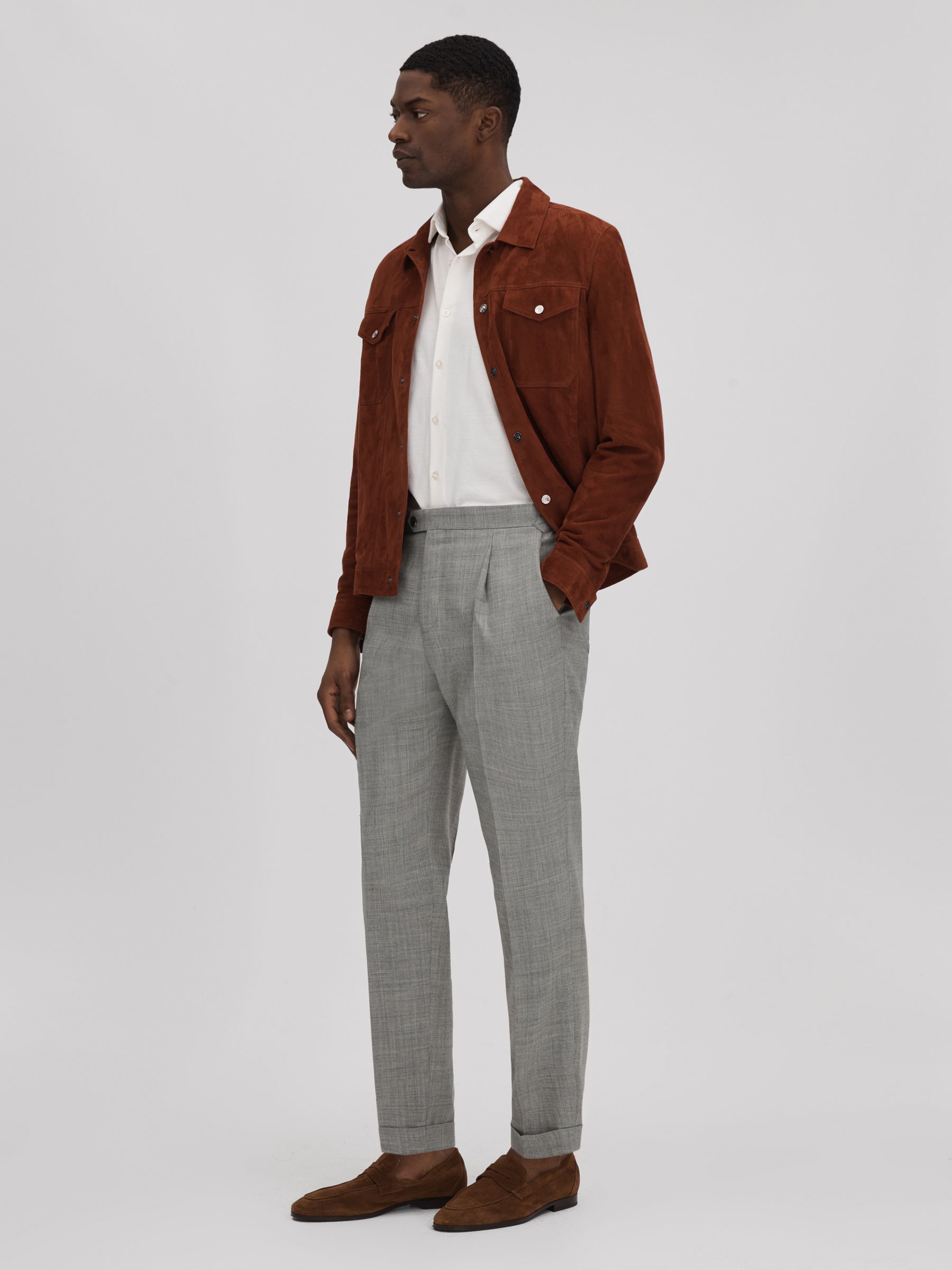 Slim Fit Wool Blend Trousers with Turn-Ups in Soft Grey - Image 3 of 5