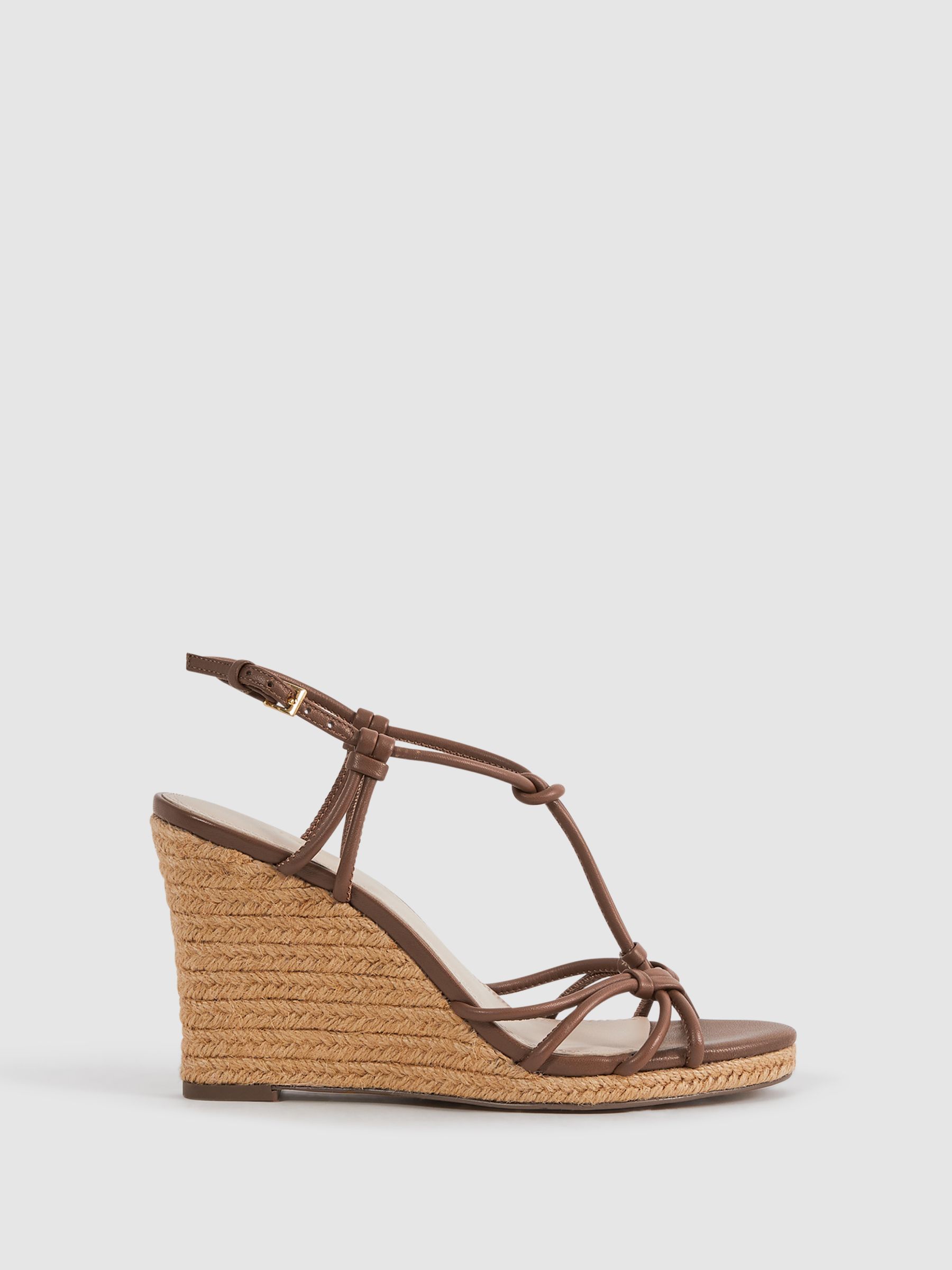Leather Knot Detail Wedge Sandals in Tan - Image 1 of 5