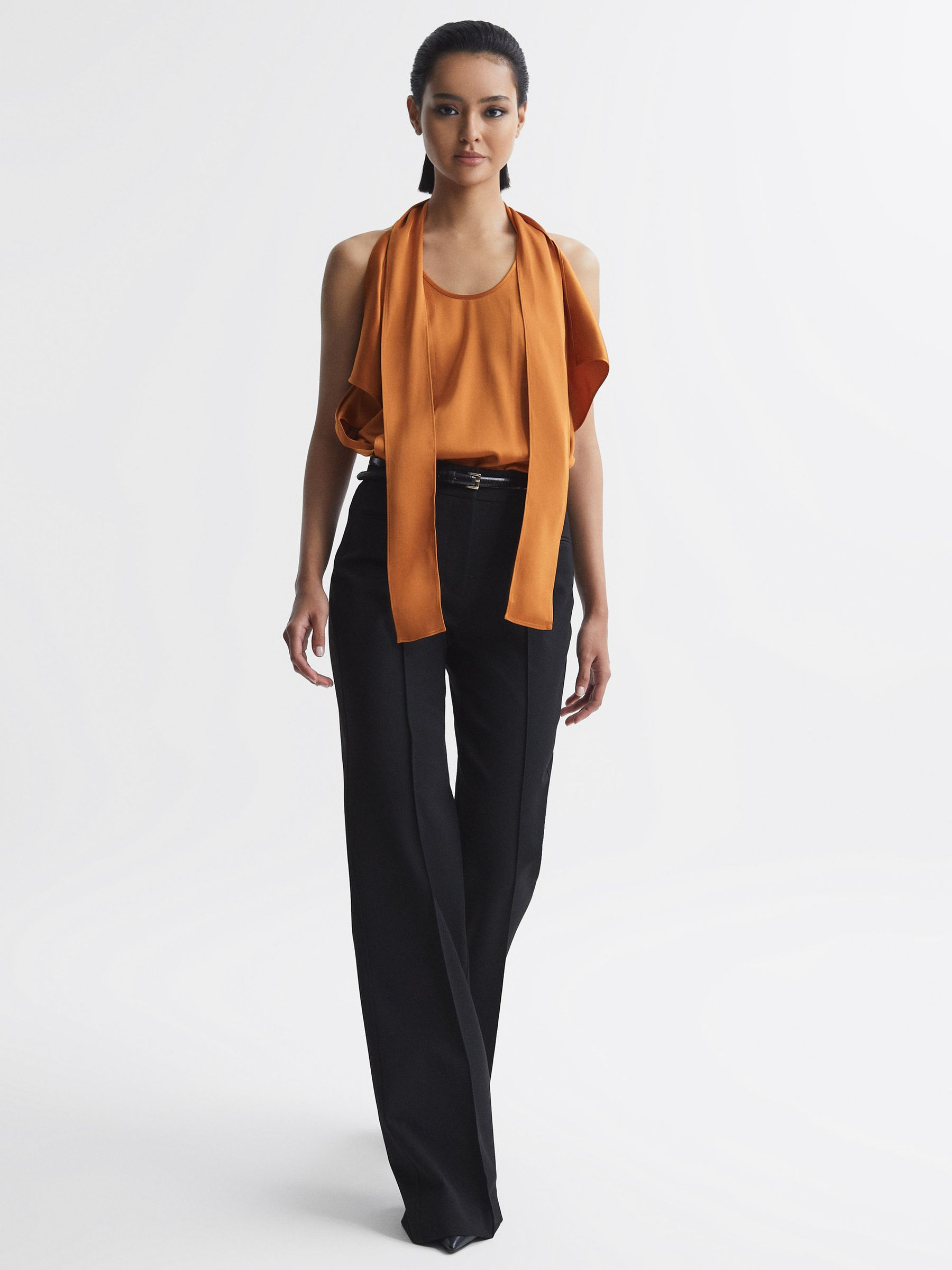 Tie Neck Draped Satin Blouse in Rust - Image 3 of 5