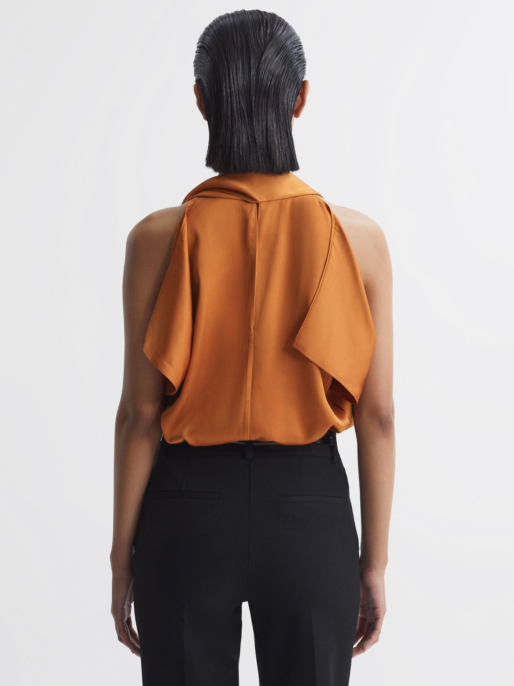 Tie Neck Draped Satin Blouse in Rust - Image 4 of 5