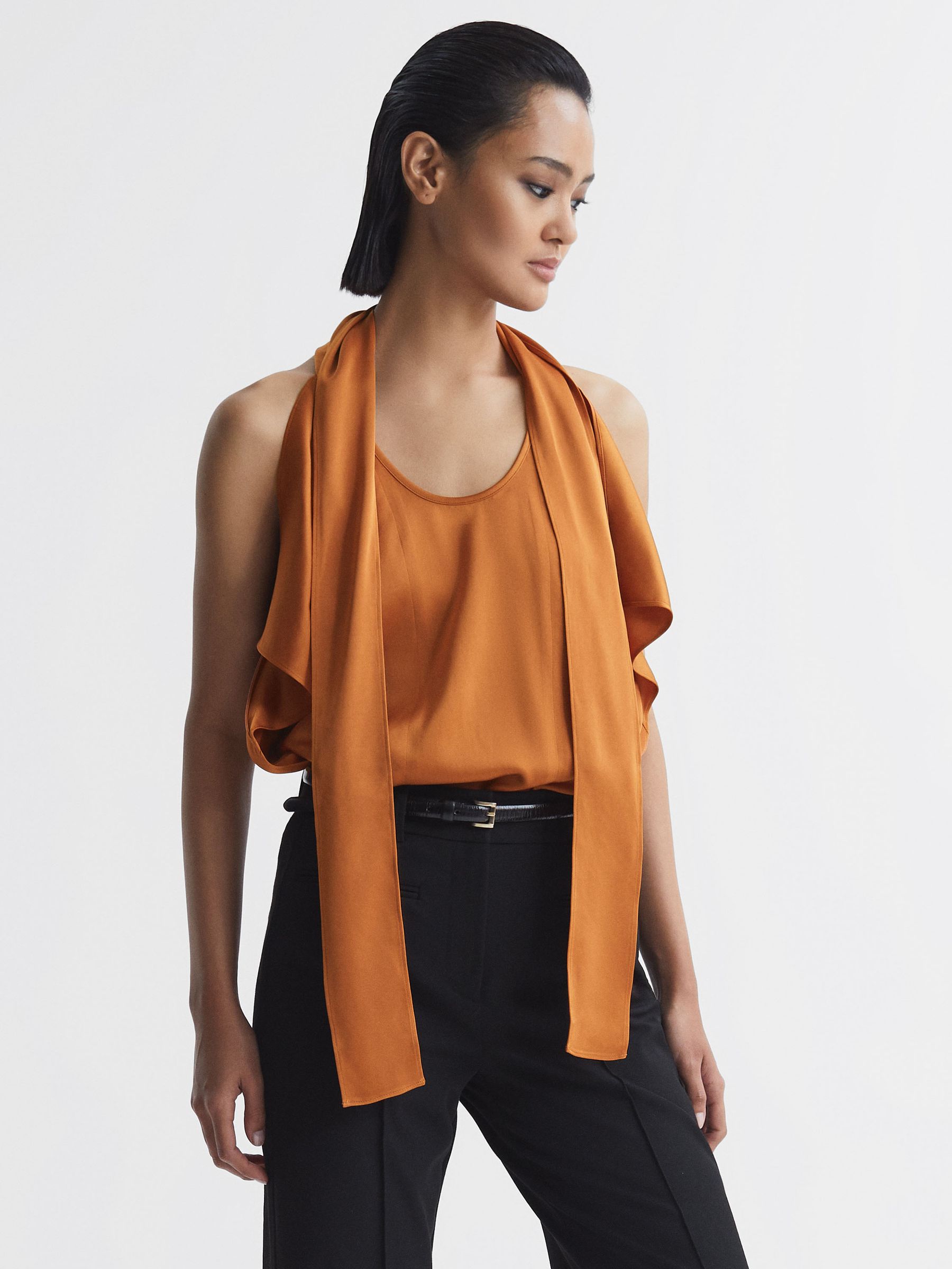 Tie Neck Draped Satin Blouse in Rust - Image 5 of 5
