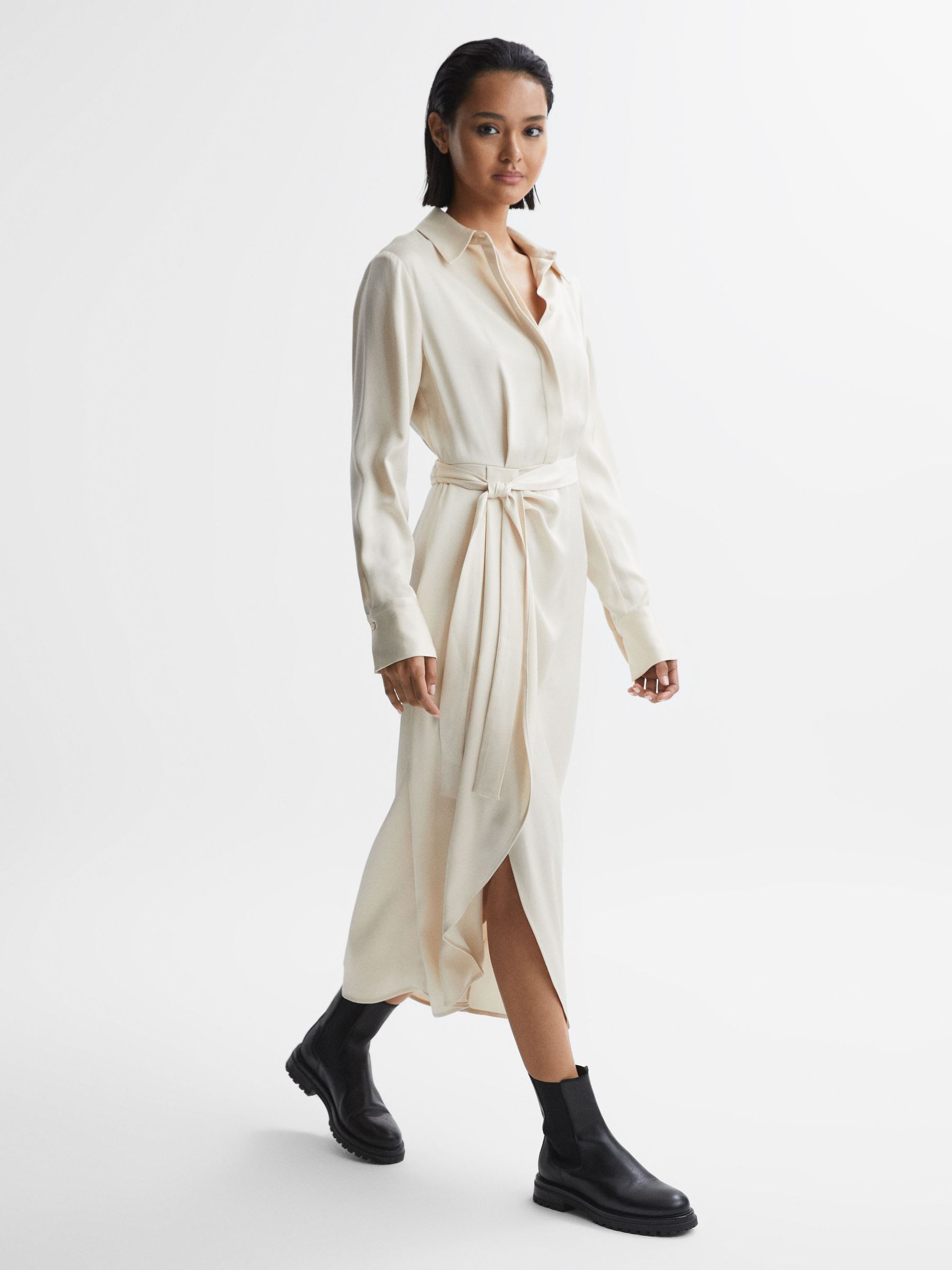 Satin Shirt-Style Midi Dress in Cream - Image 3 of 5