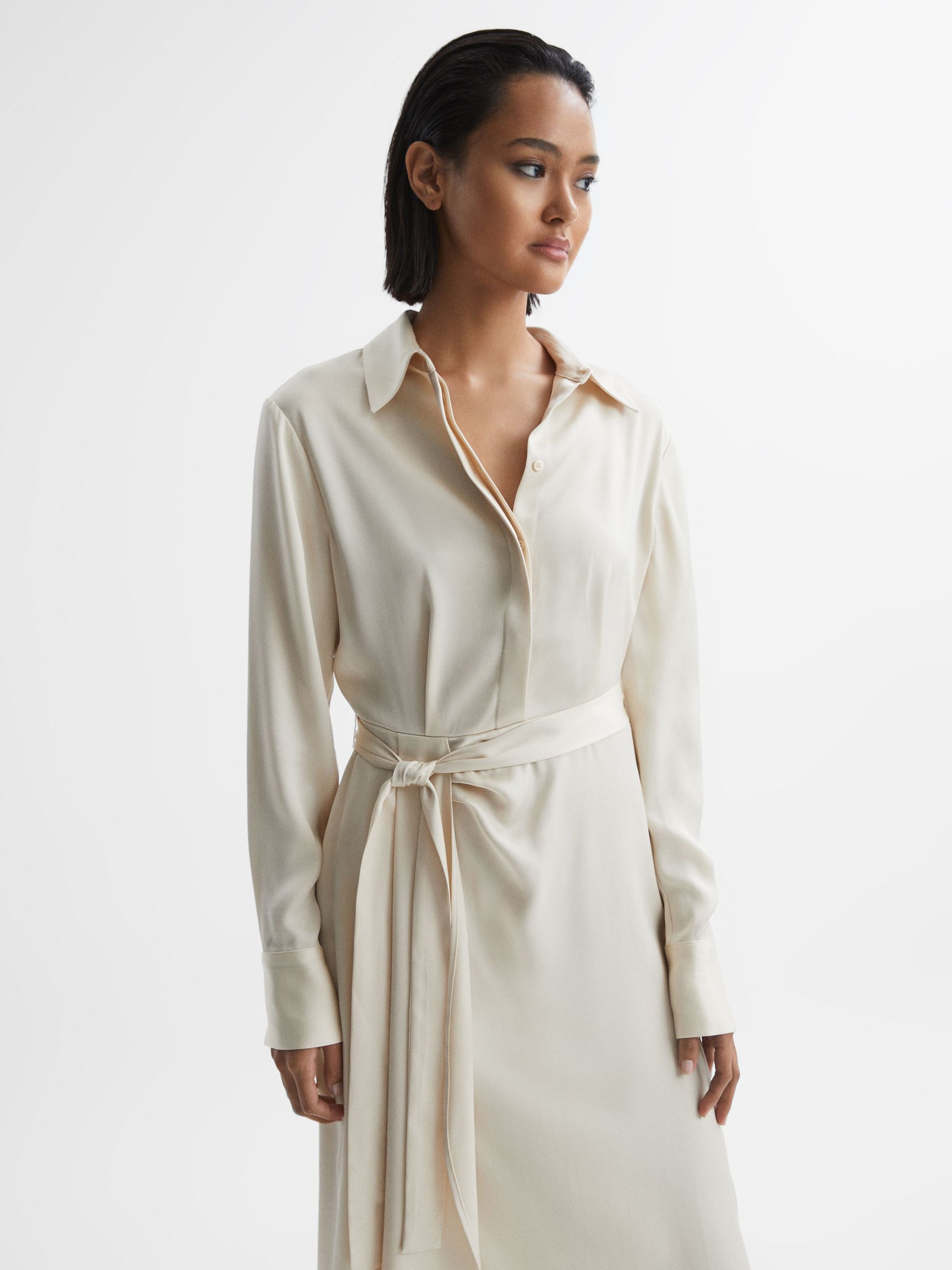 Satin Shirt-Style Midi Dress in Cream - Image 4 of 5