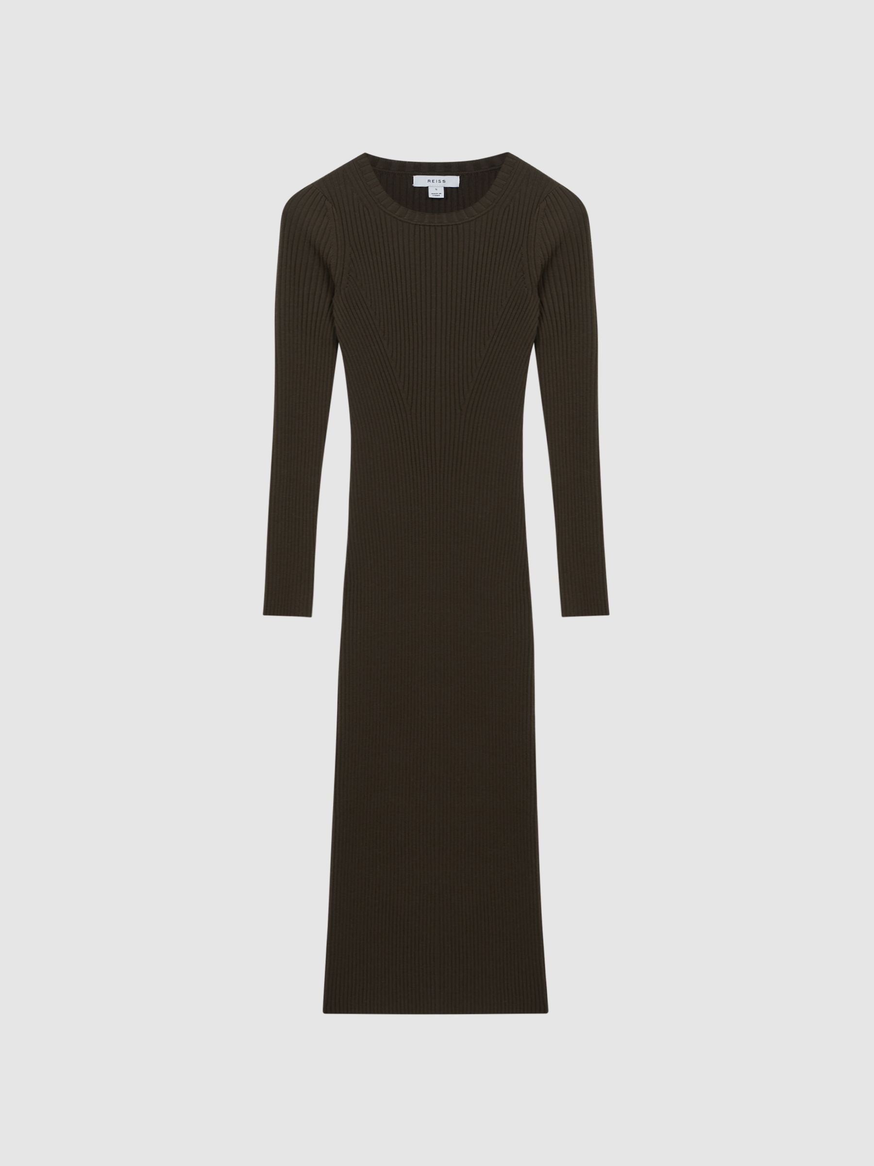 Ribbed Bodycon Midi Dress in Khaki - Image 2 of 5