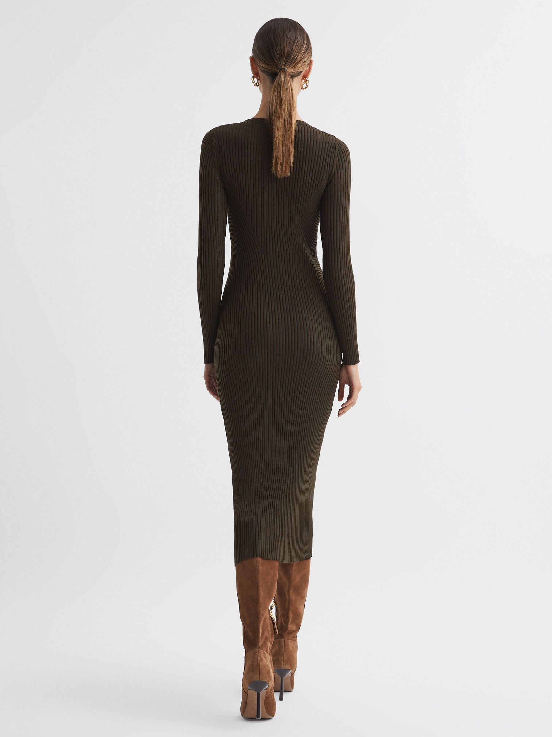 Ribbed Bodycon Midi Dress in Khaki - Image 5 of 5