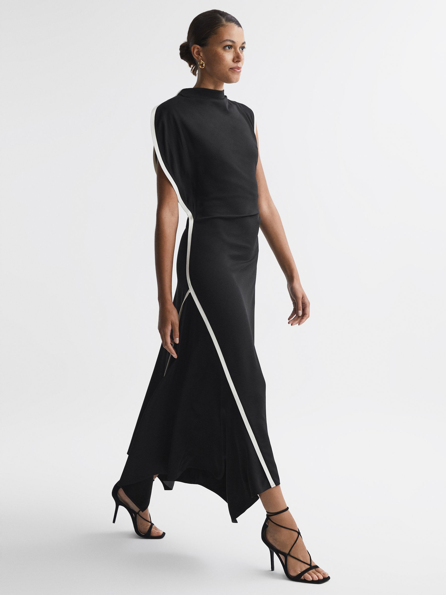 Asymmetric Contrast Trim Midi Dress in Black/White - Image 1 of 5