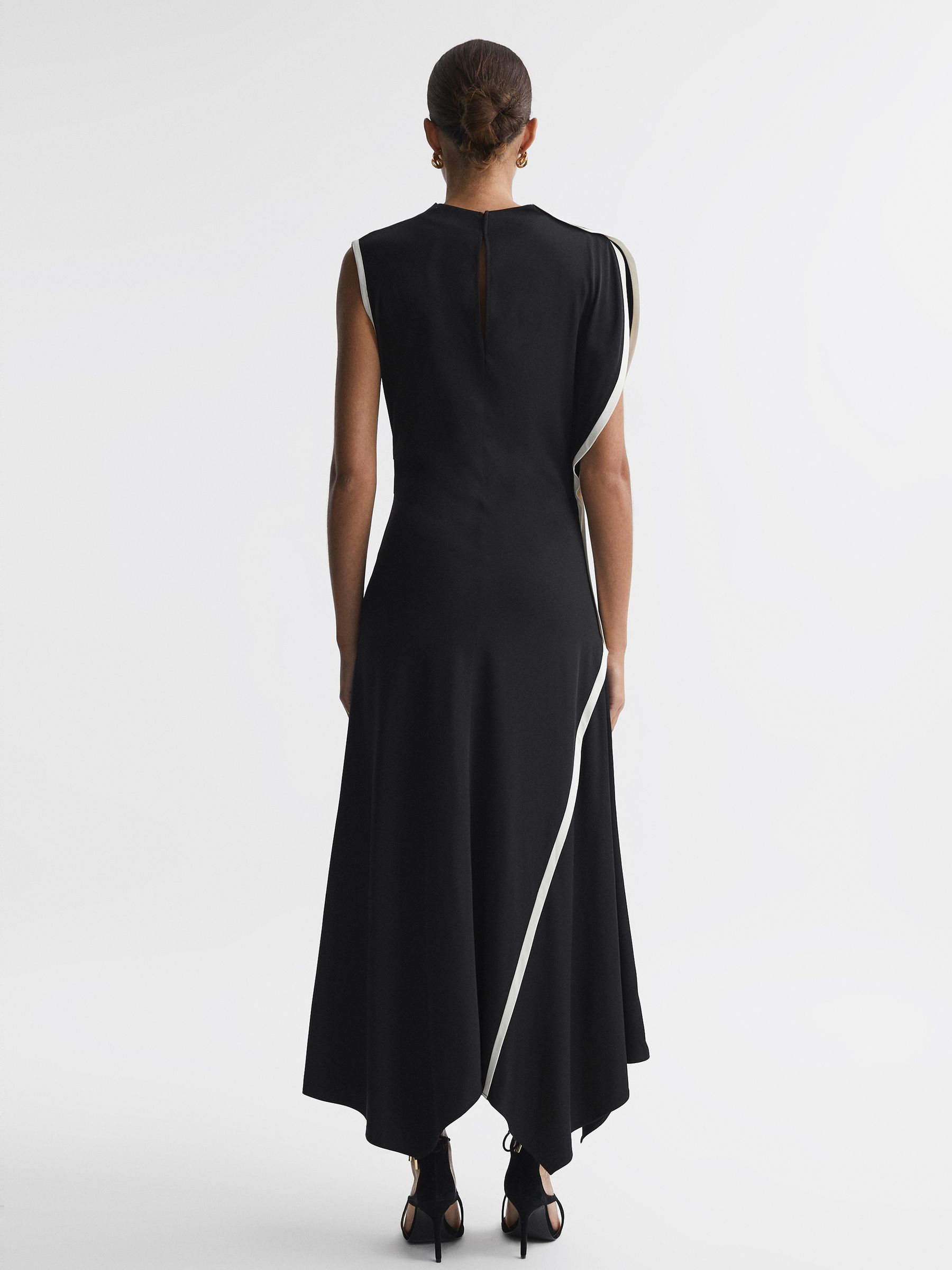 Asymmetric Contrast Trim Midi Dress in Black/White - Image 5 of 5