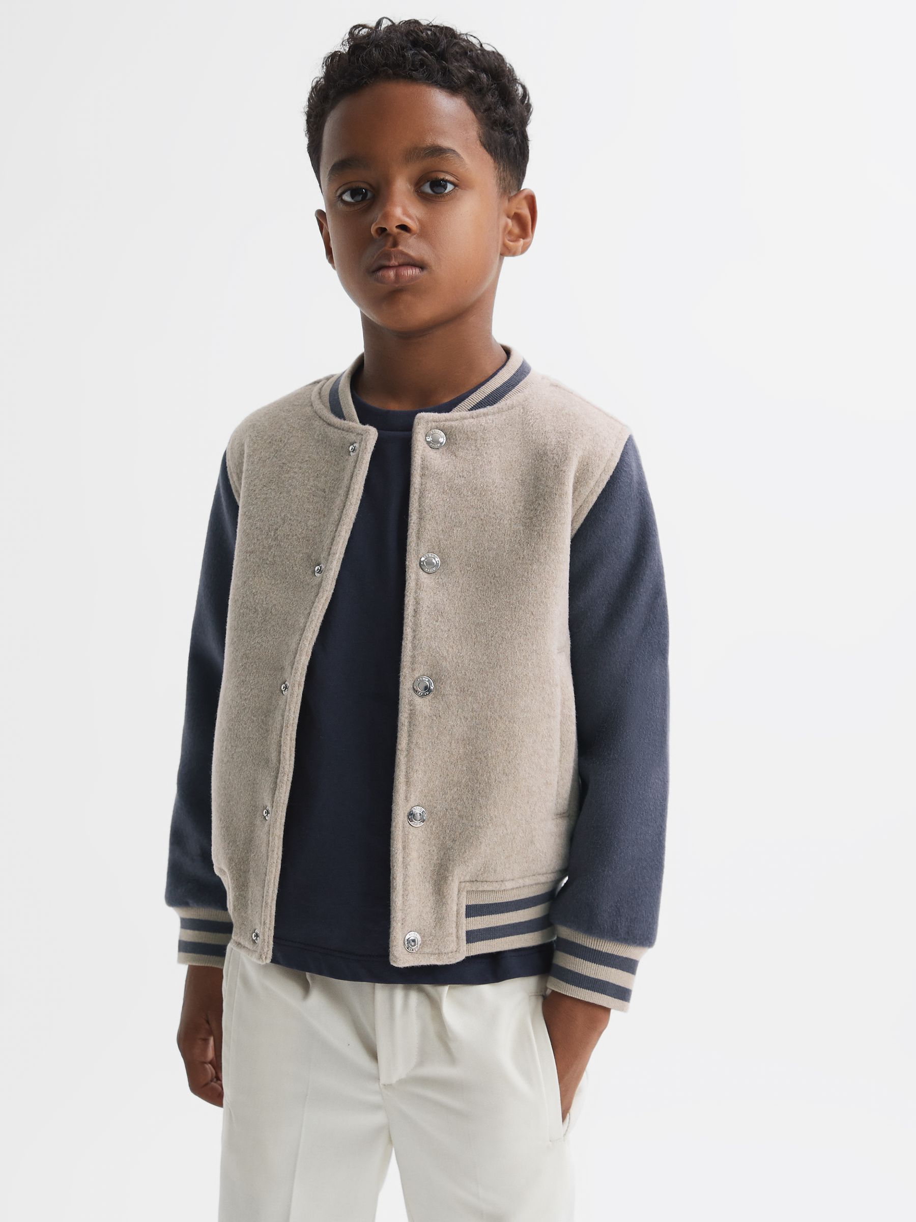 13-14 yrs Wool Blend Varsity Bomber Jacket in Stone/Airforce Blue - Image 1 of 7