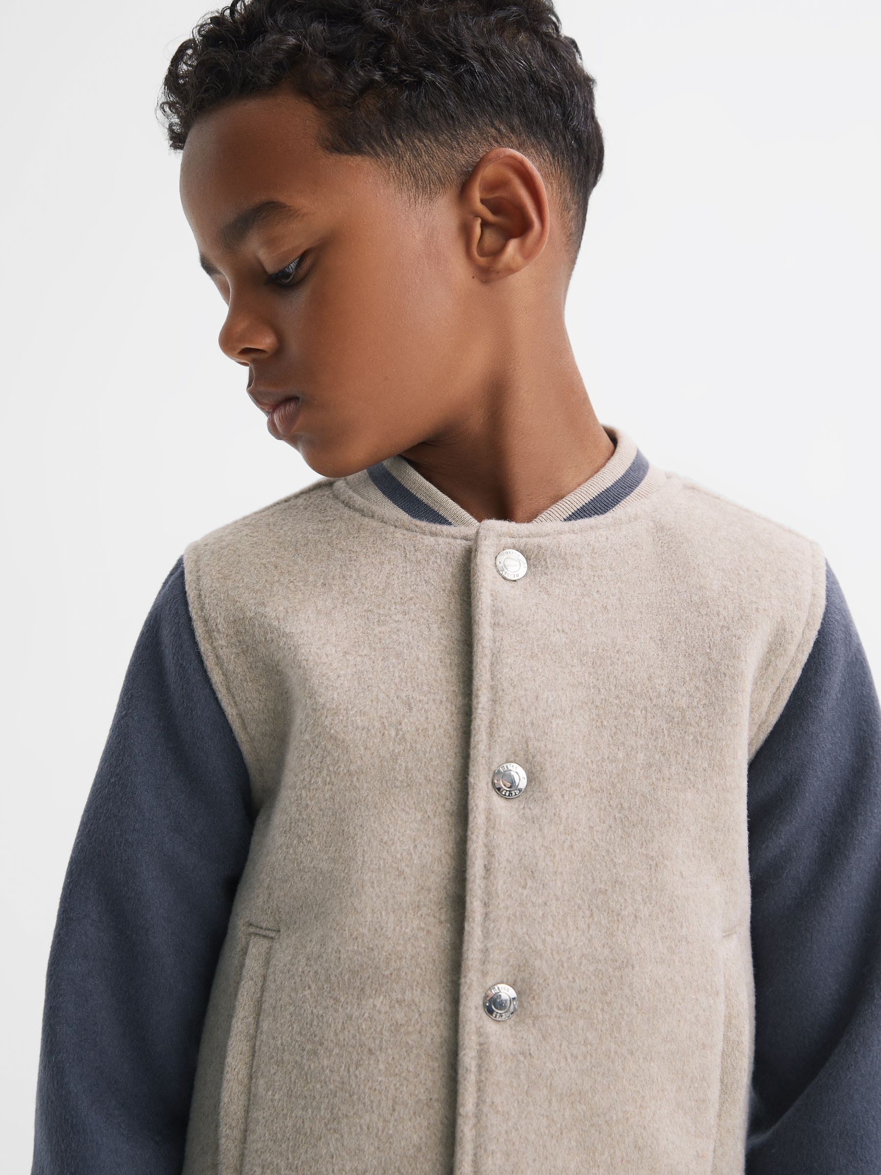 13-14 yrs Wool Blend Varsity Bomber Jacket in Stone/Airforce Blue - Image 4 of 7