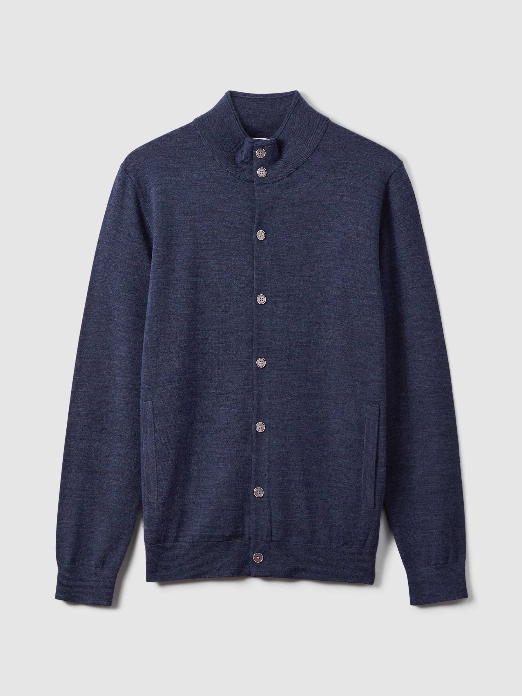 Merino Wool Button Through Funnel Neck Shirt in Indigo Melange - Image 2 of 6