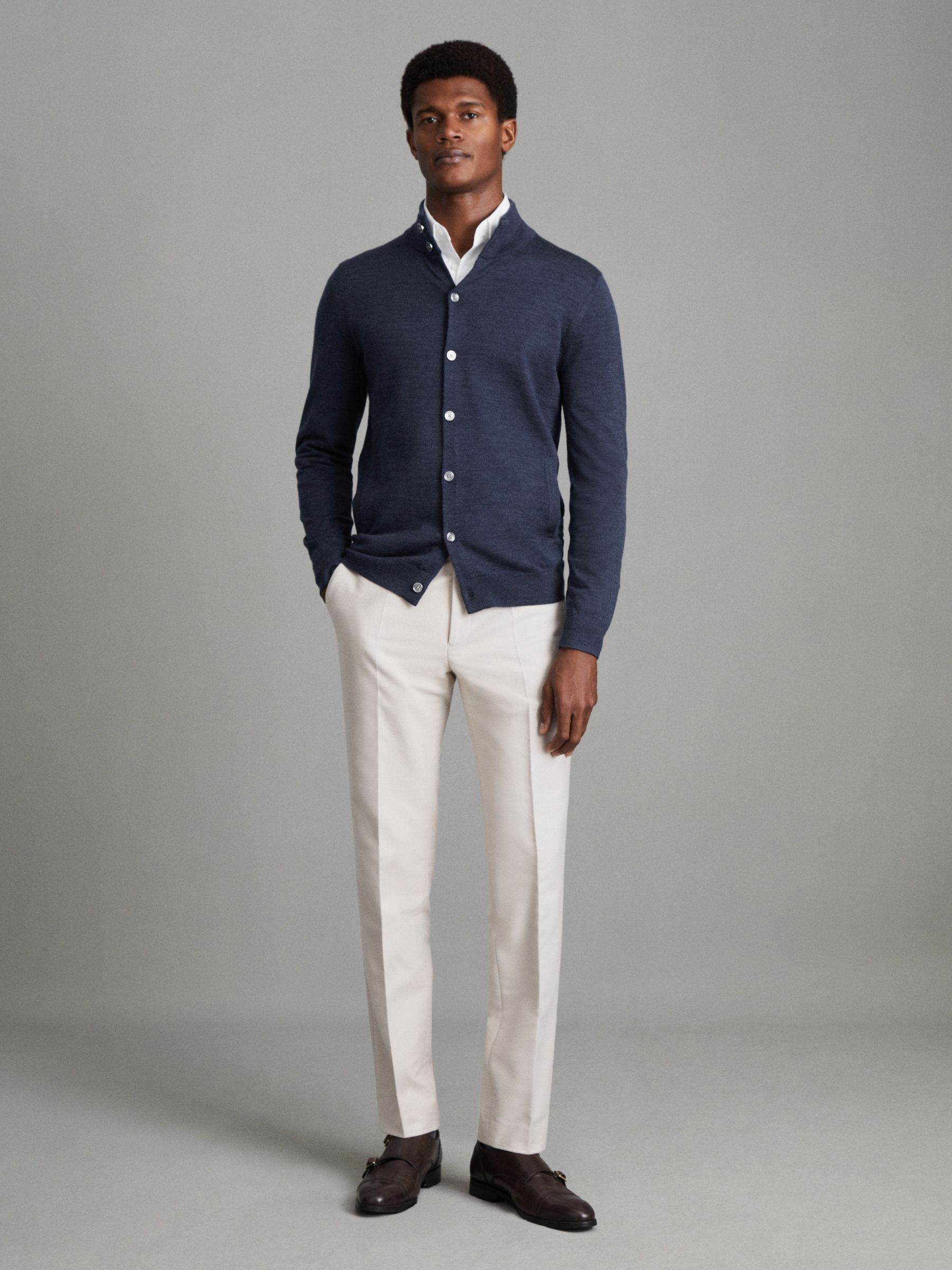 Merino Wool Button Through Funnel Neck Shirt in Indigo Melange - Image 3 of 6