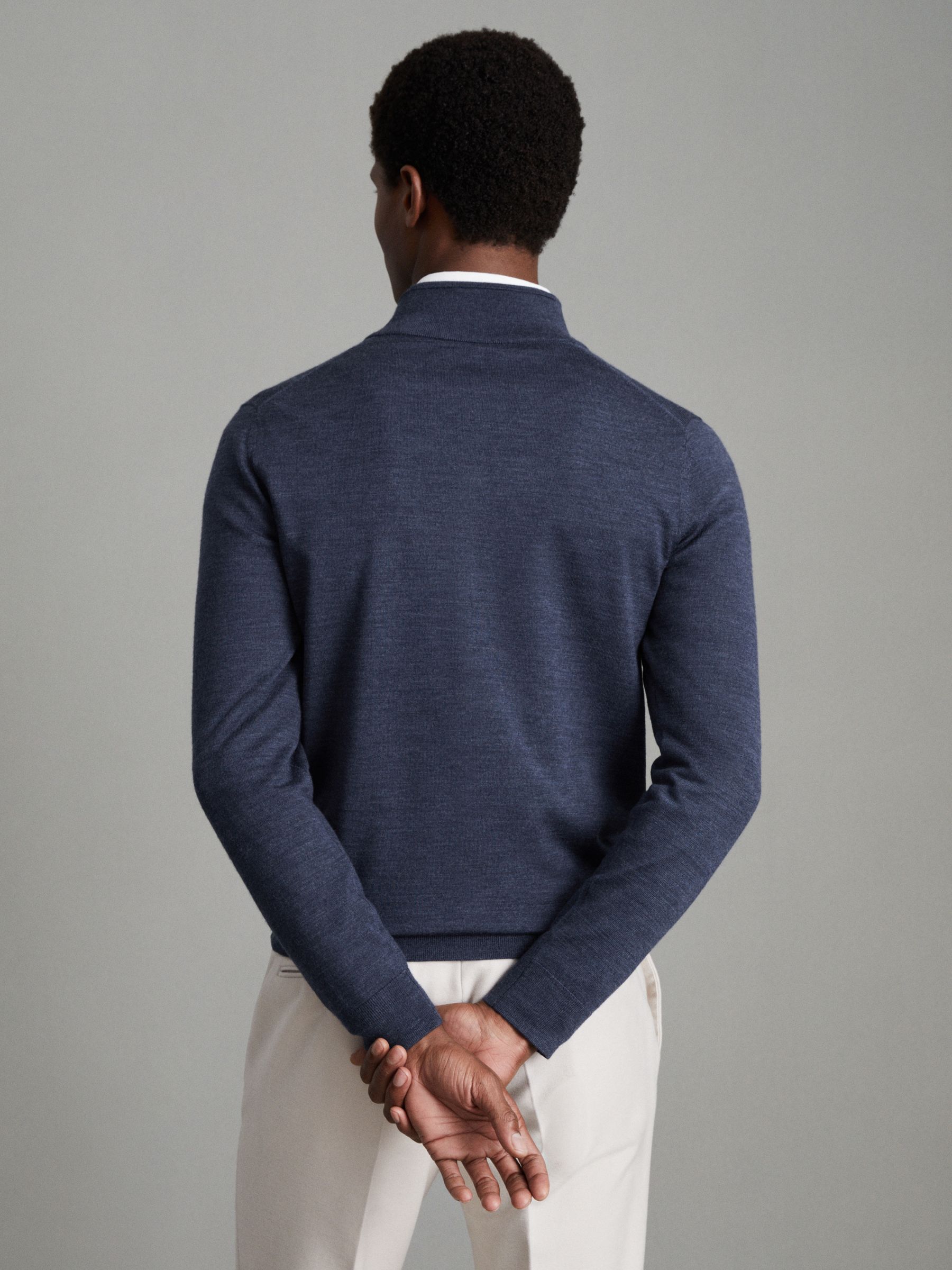 Merino Wool Button Through Funnel Neck Shirt in Indigo Melange - Image 4 of 6