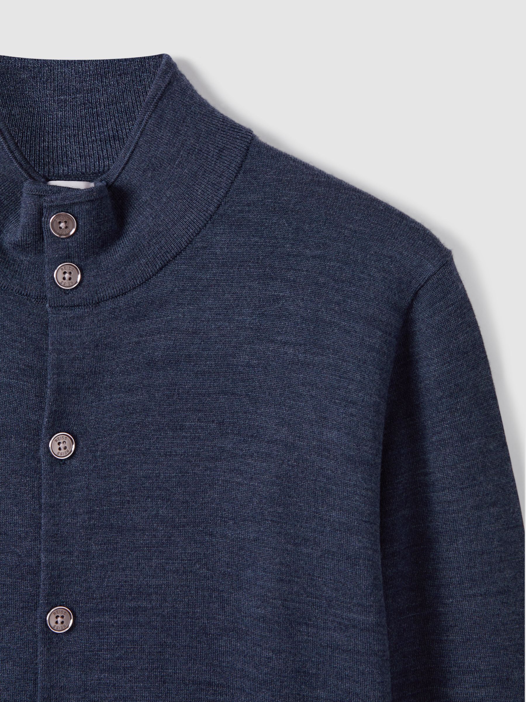 Merino Wool Button Through Funnel Neck Shirt in Indigo Melange - Image 5 of 6