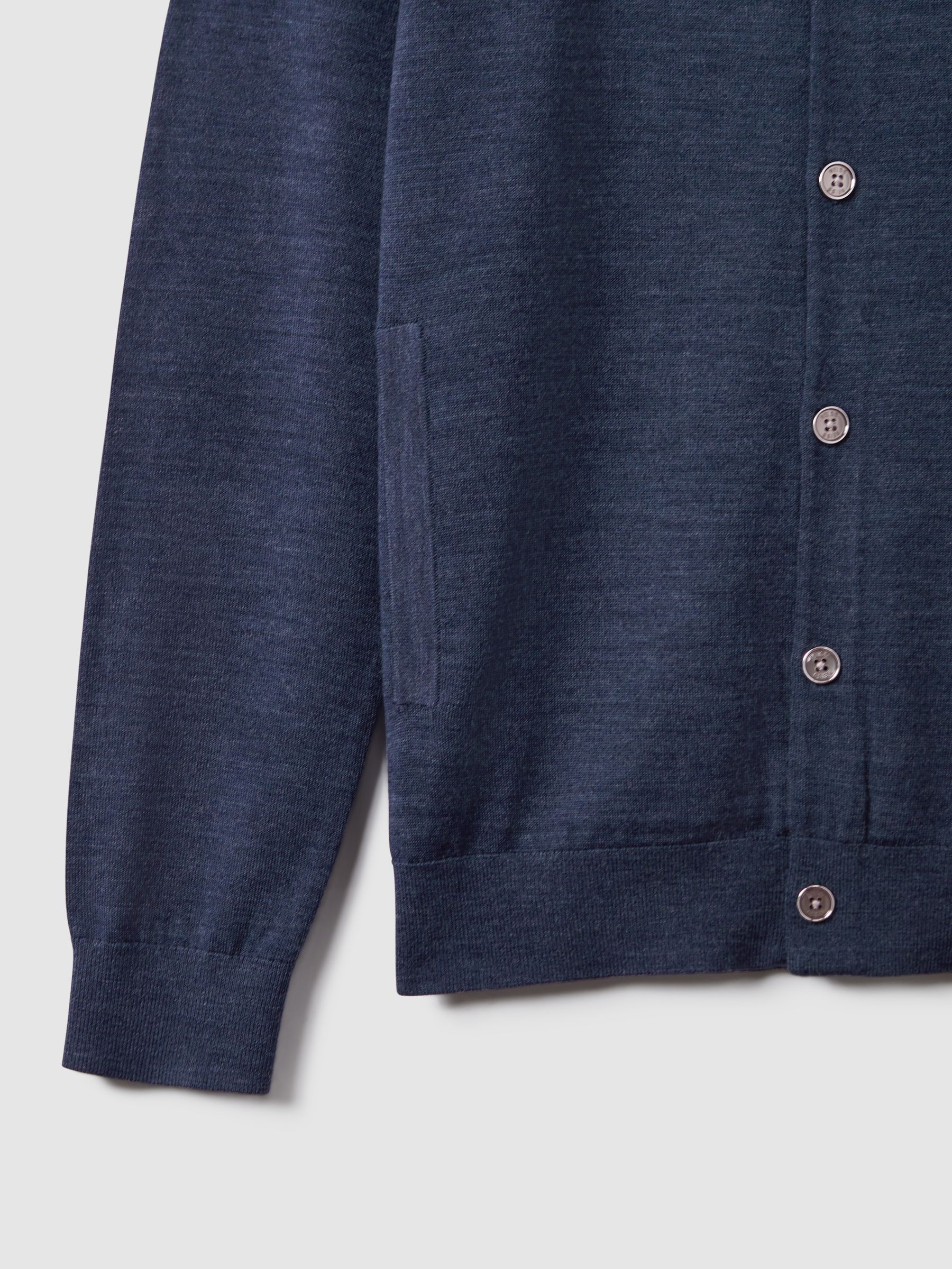 Merino Wool Button Through Funnel Neck Shirt in Indigo Melange - Image 6 of 6