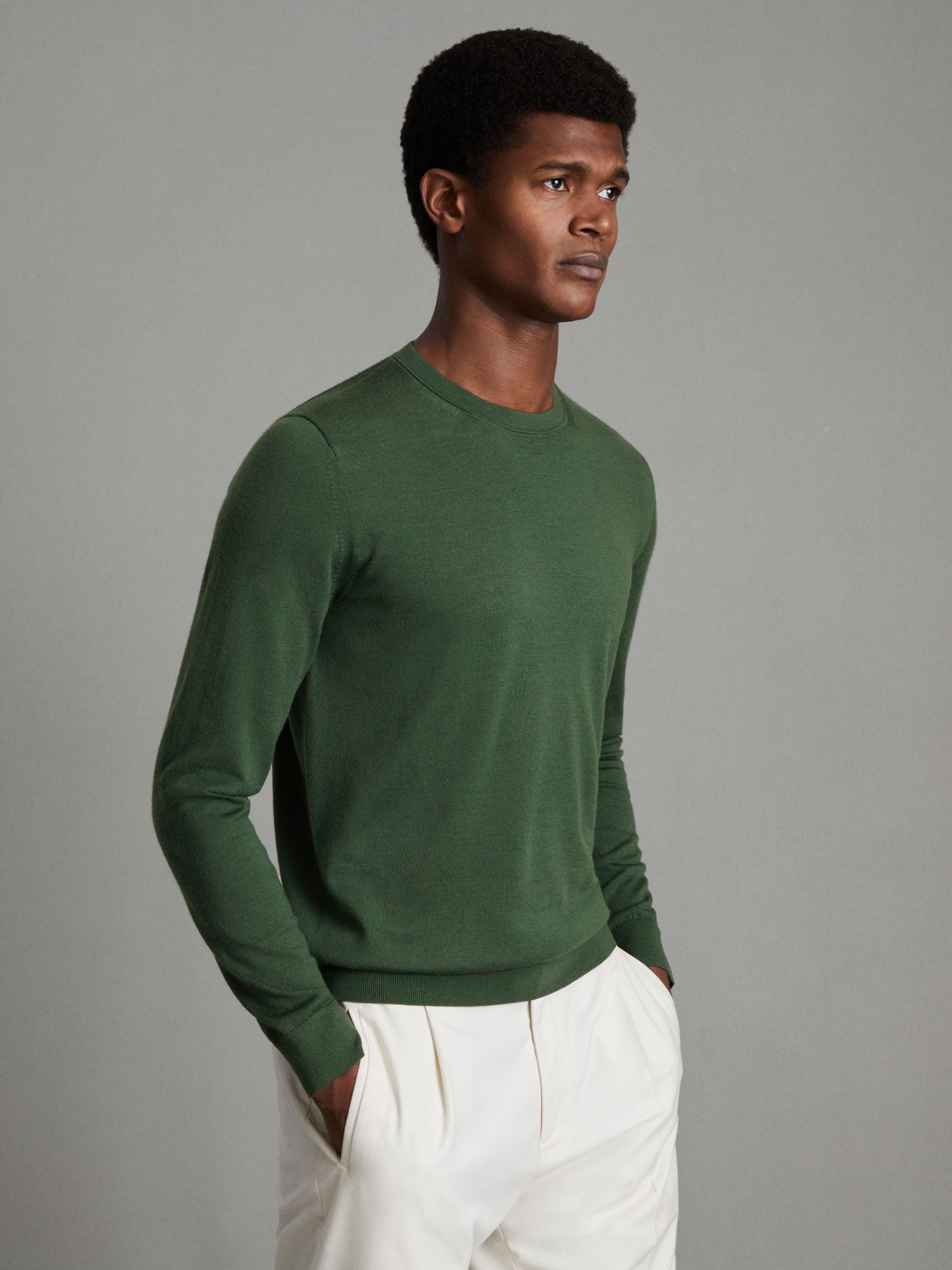 Merino Wool Crew Neck Jumper in Hunting Green - Image 1 of 6