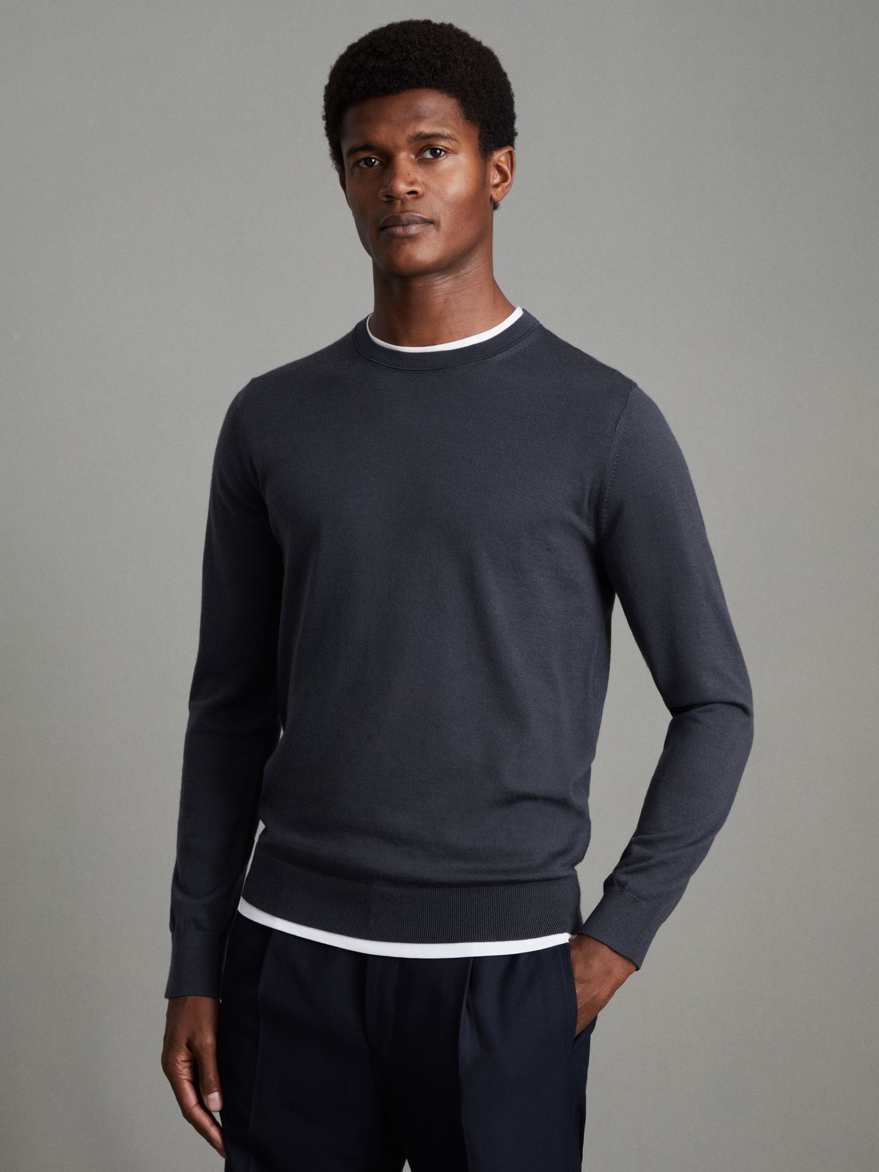 Merino Wool Crew Neck Jumper in Blue Smoke - Image 1 of 6