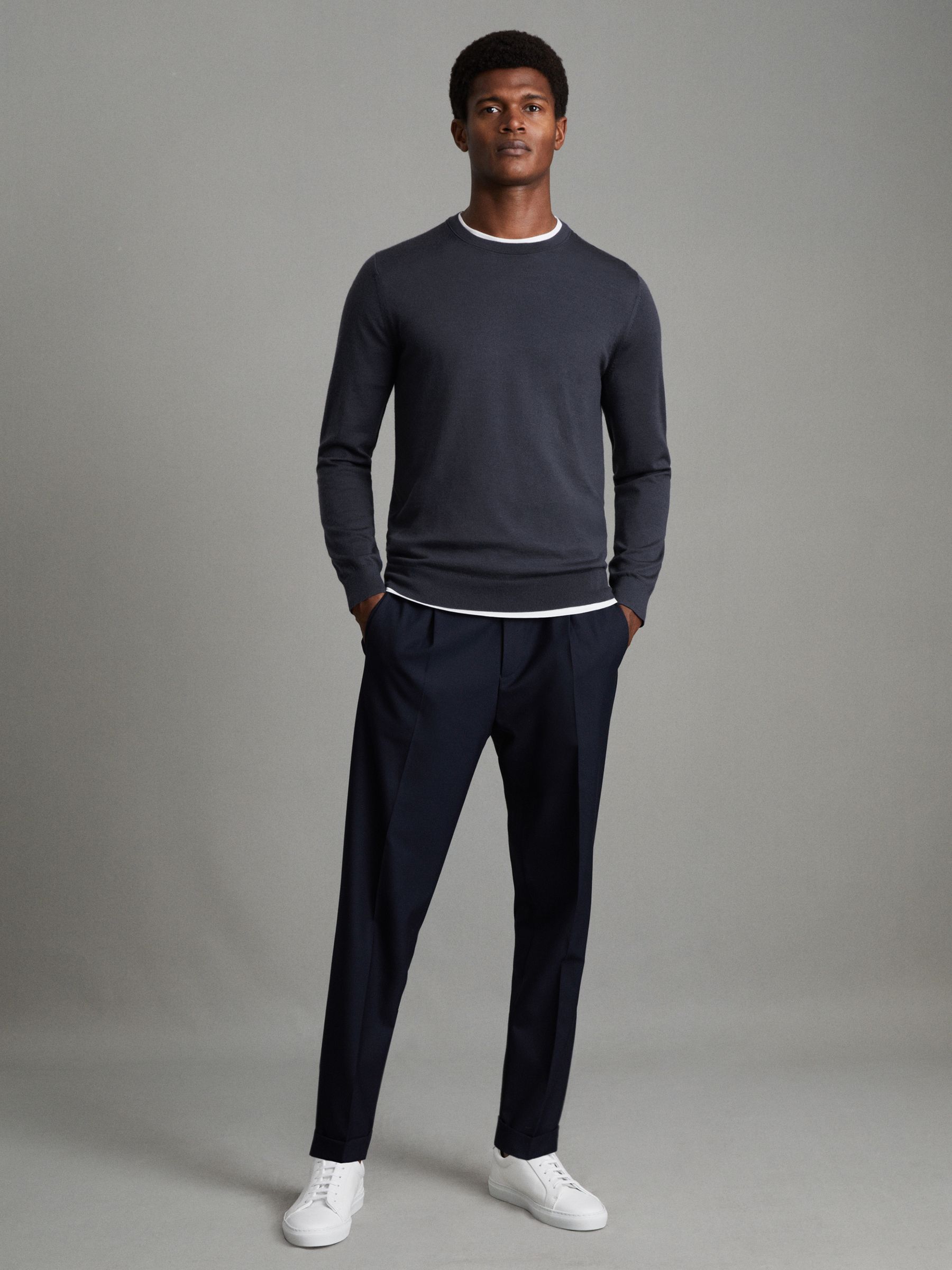 Merino Wool Crew Neck Jumper in Blue Smoke - Image 3 of 6
