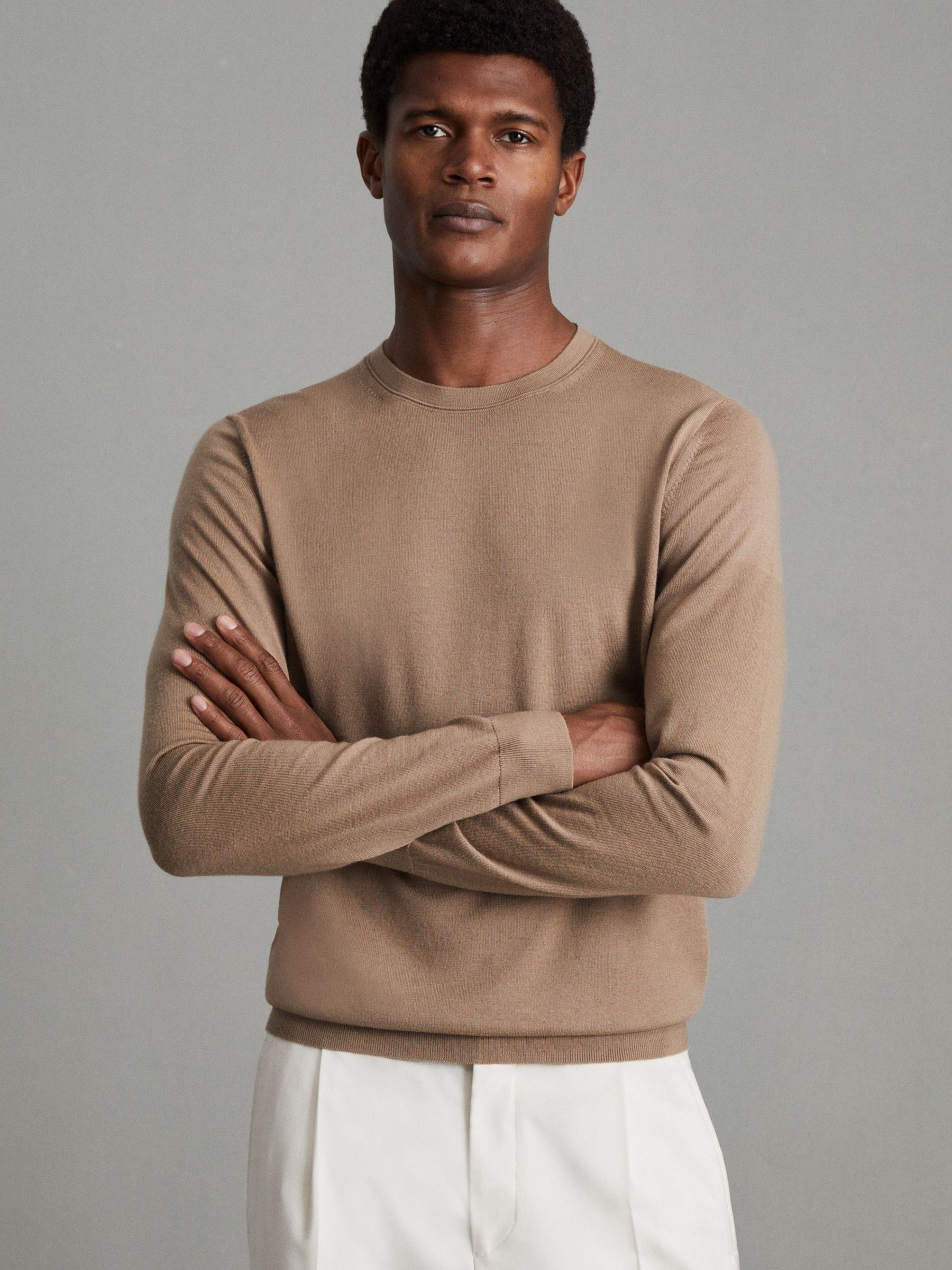 Merino Wool Crew Neck Jumper in Camel - Image 1 of 6