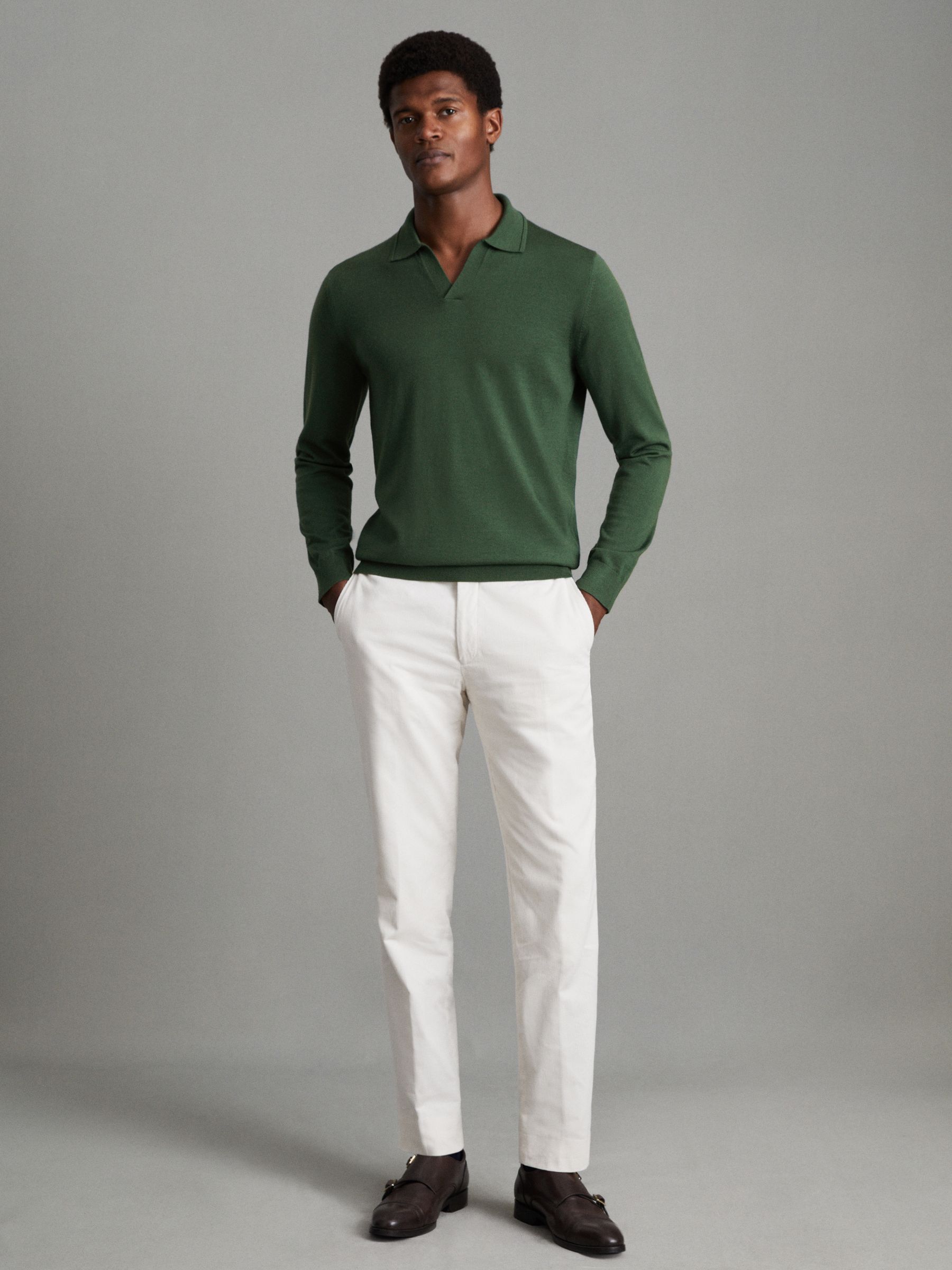 Merino Wool Half-Zip Polo Shirt in Hunting Green - Image 3 of 7