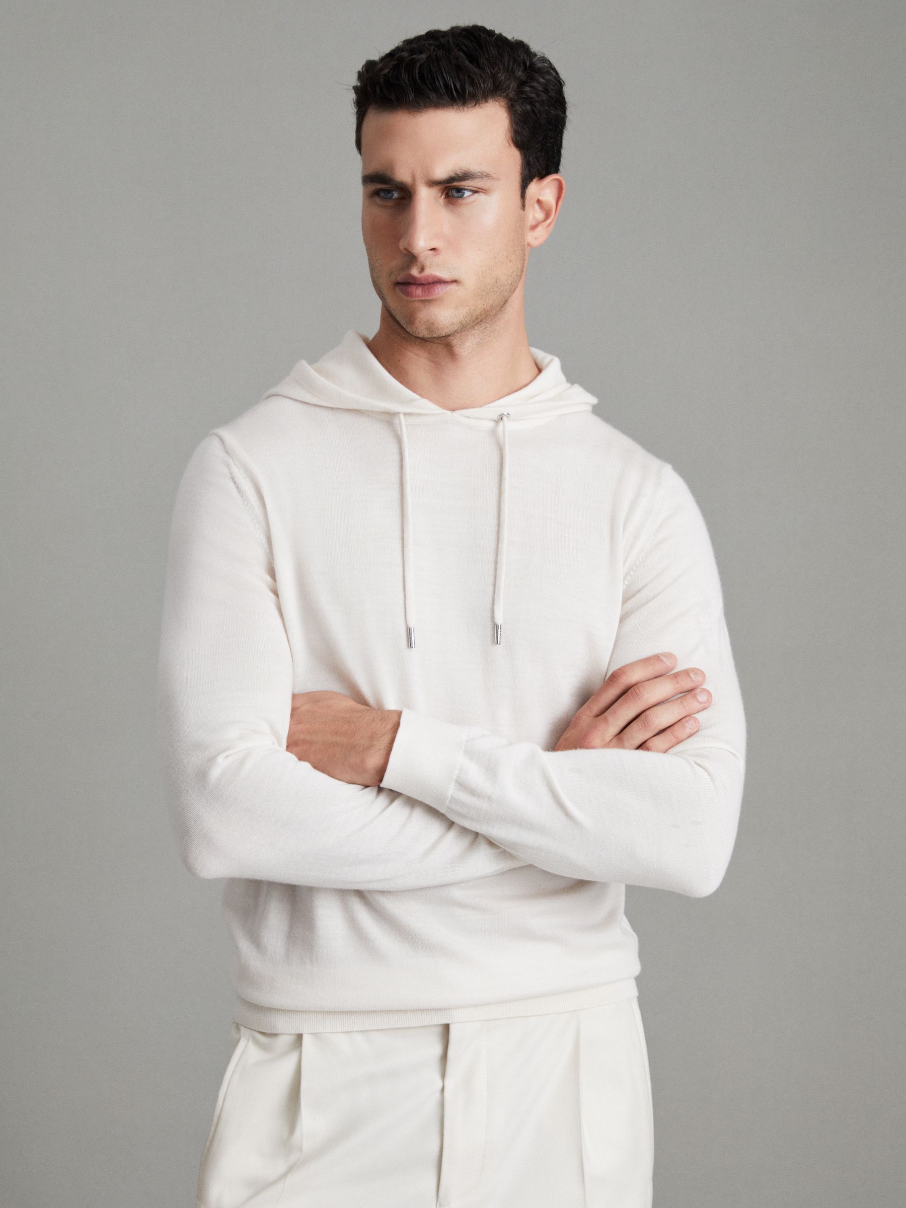 Merino Wool Drawstring Hoodie in Snow - Image 1 of 7