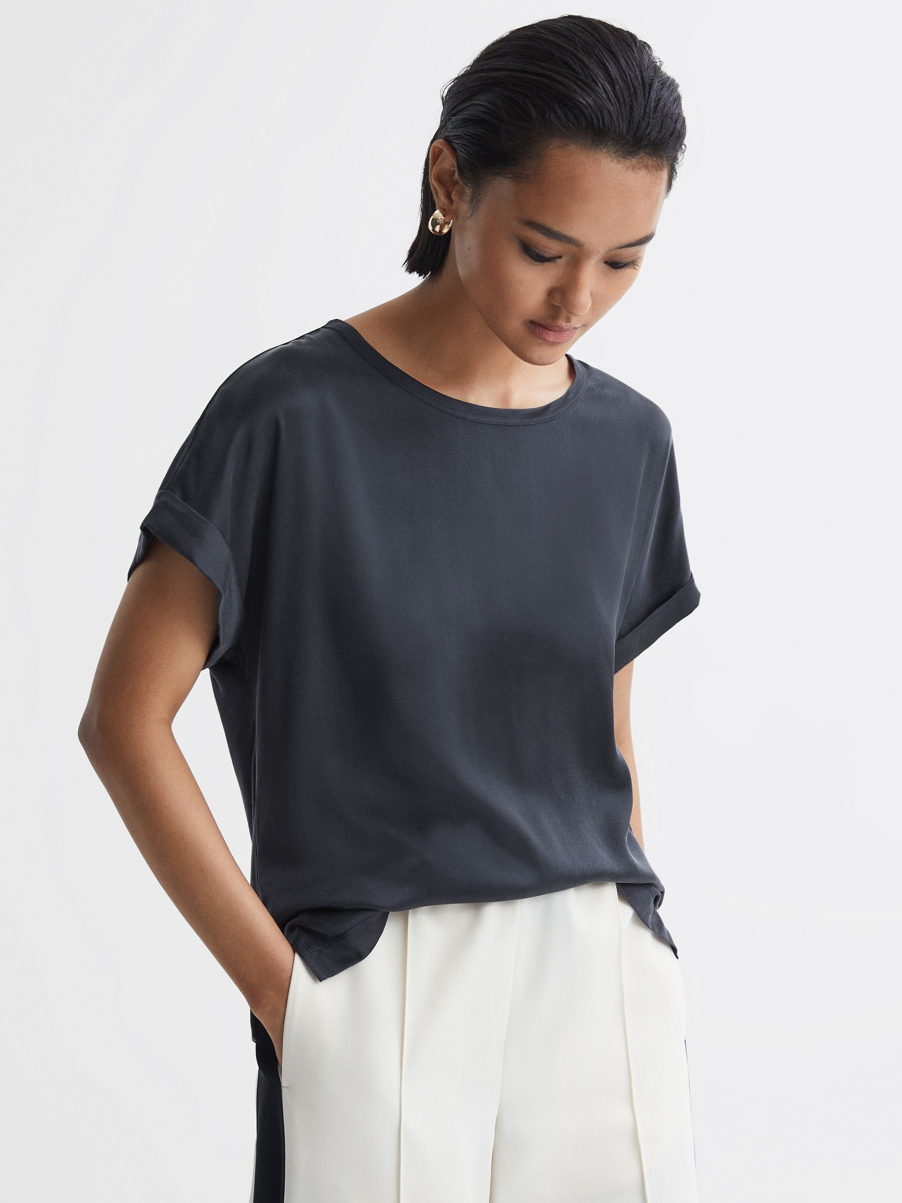 Silk Front Crew Neck T-Shirt in Navy - Image 1 of 5