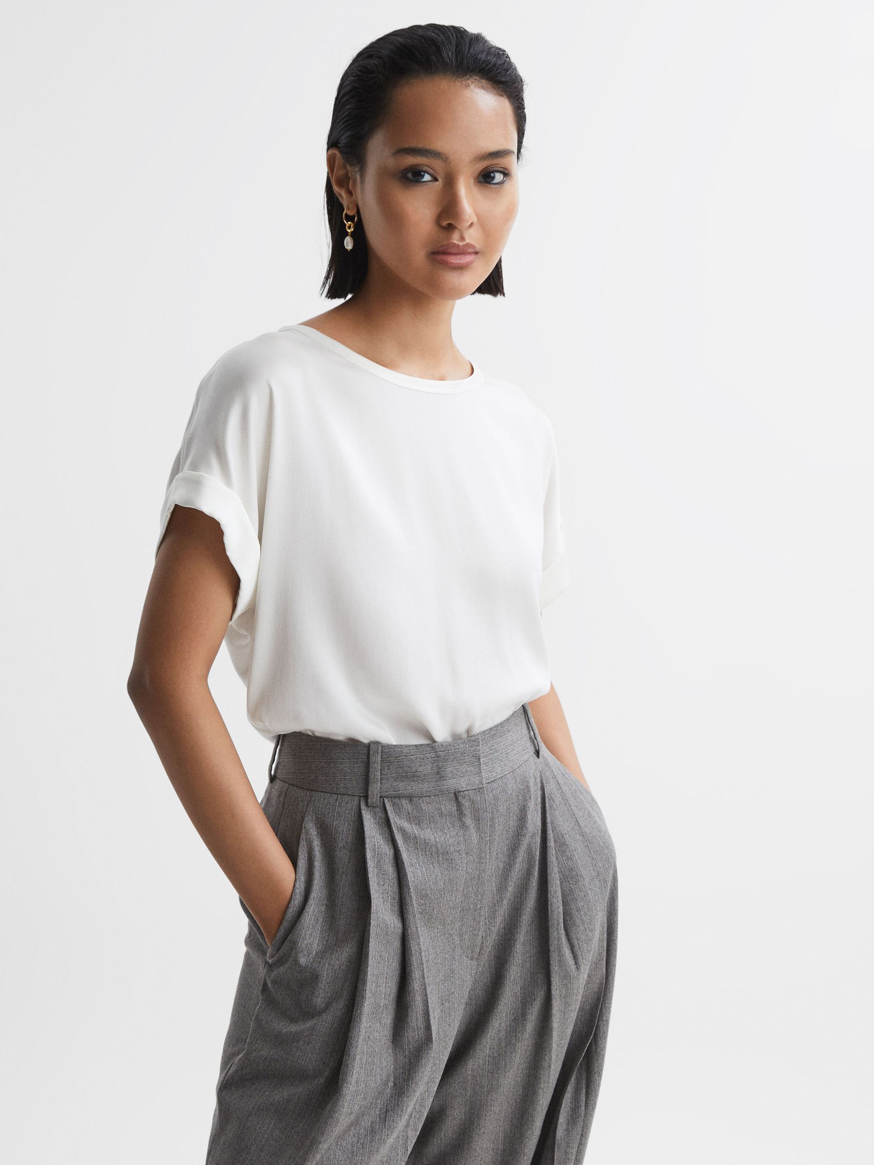 Silk Front Crew Neck T-Shirt in Ivory - Image 1 of 1