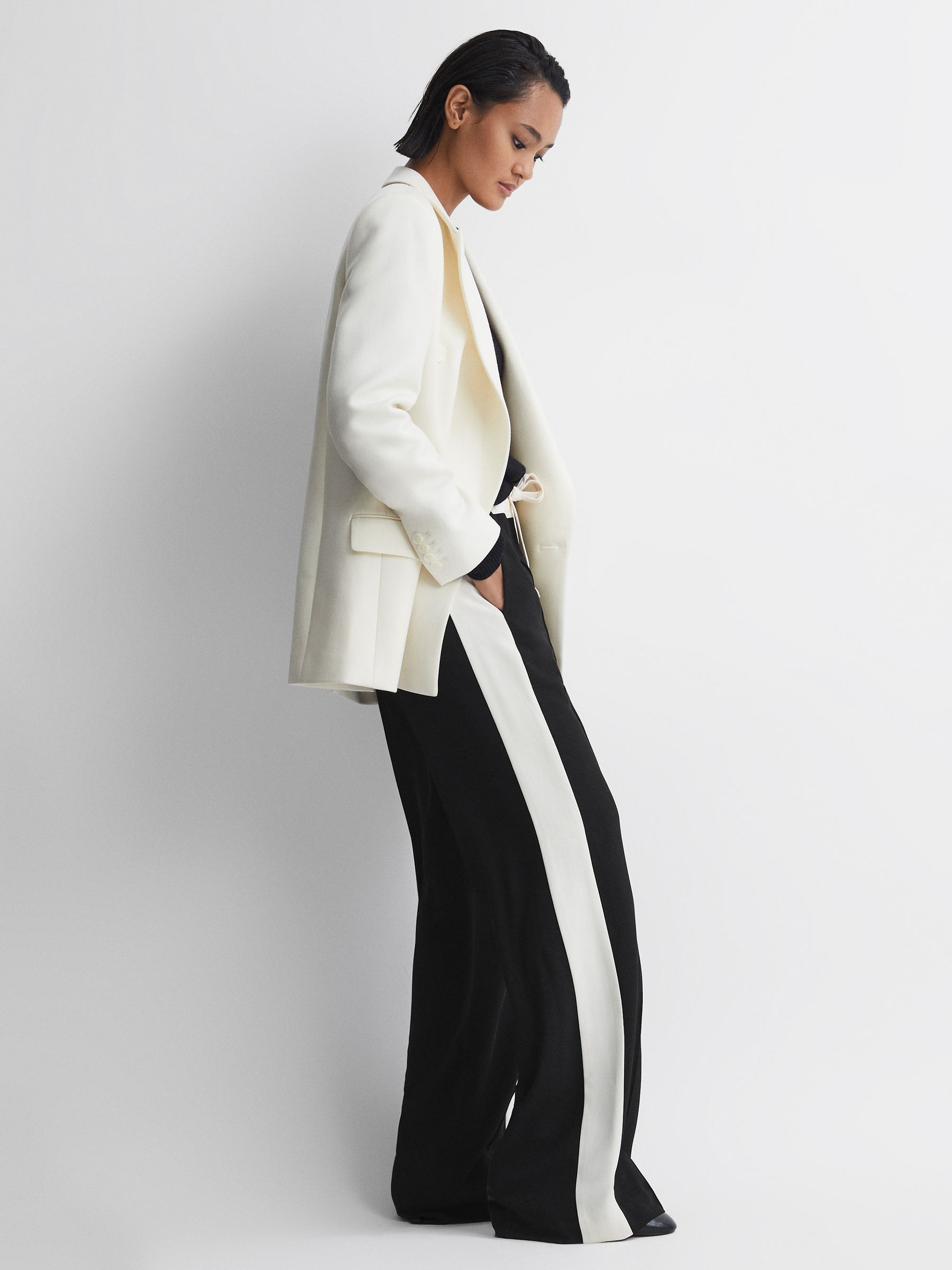 Petite Wide Leg Contrast Stripe Drawstring Trousers in Black - Image 1 of 7