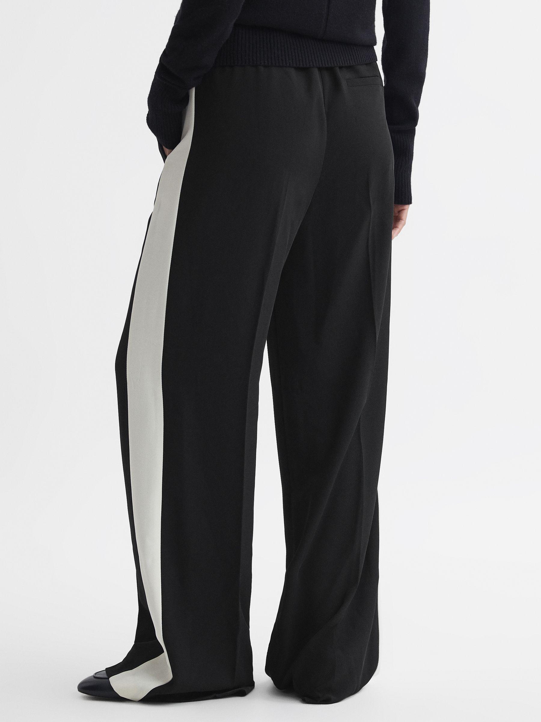 Petite Wide Leg Contrast Stripe Drawstring Trousers in Black - Image 5 of 7