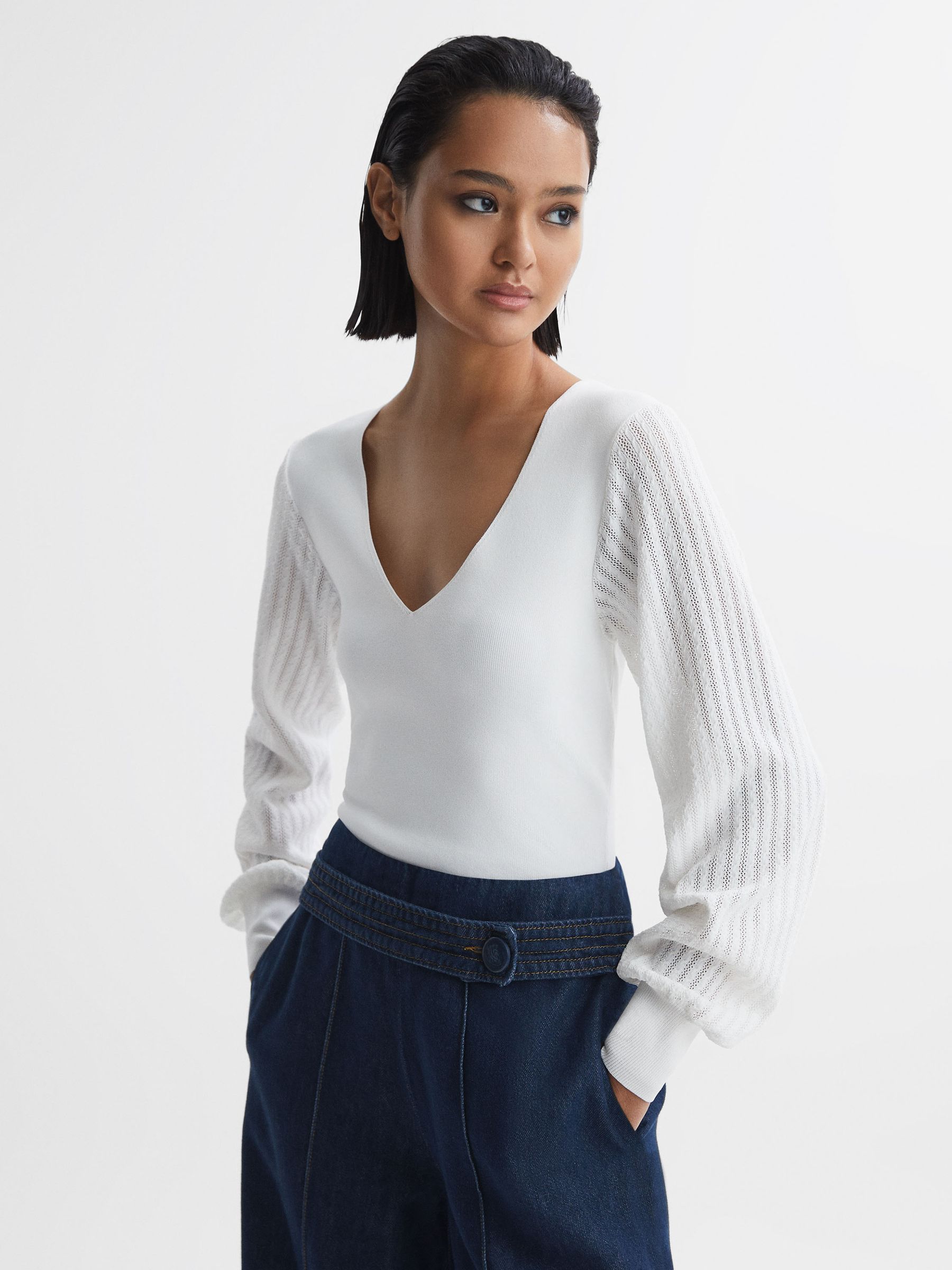 Knitted Blouson Sleeve Top in Ivory - Image 1 of 5