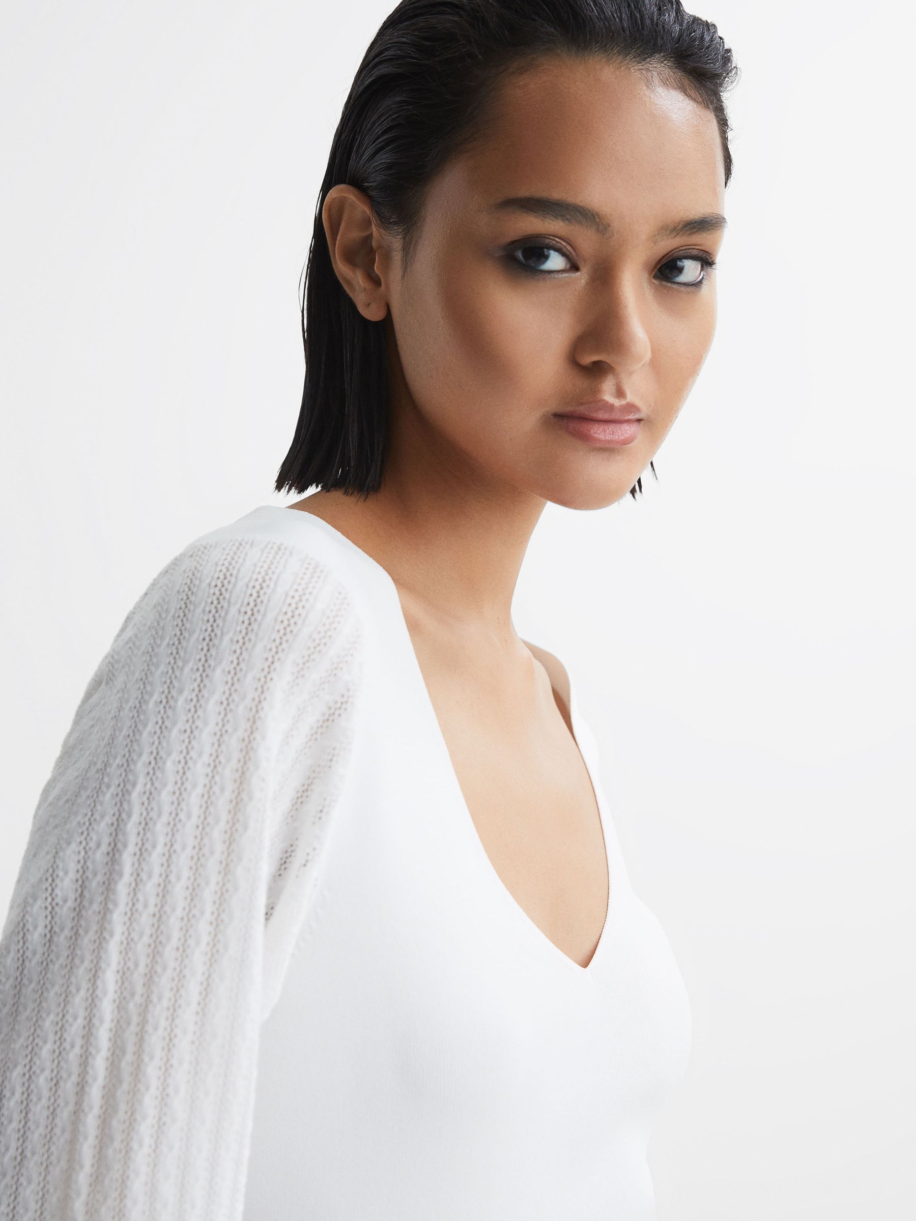 Knitted Blouson Sleeve Top in Ivory - Image 4 of 5