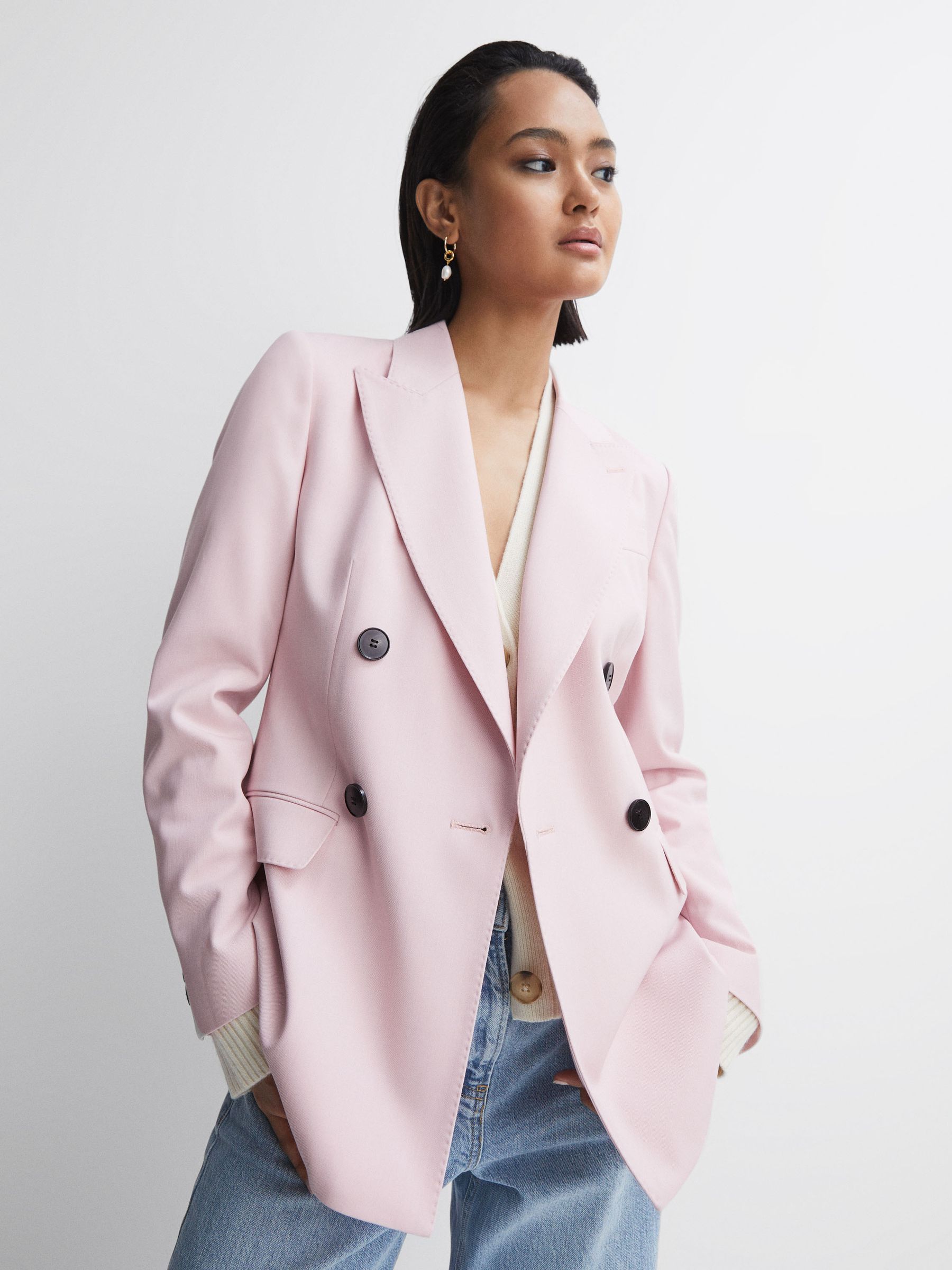 Tailored Wool Blend Double Breasted Blazer in Pink - Image 1 of 7