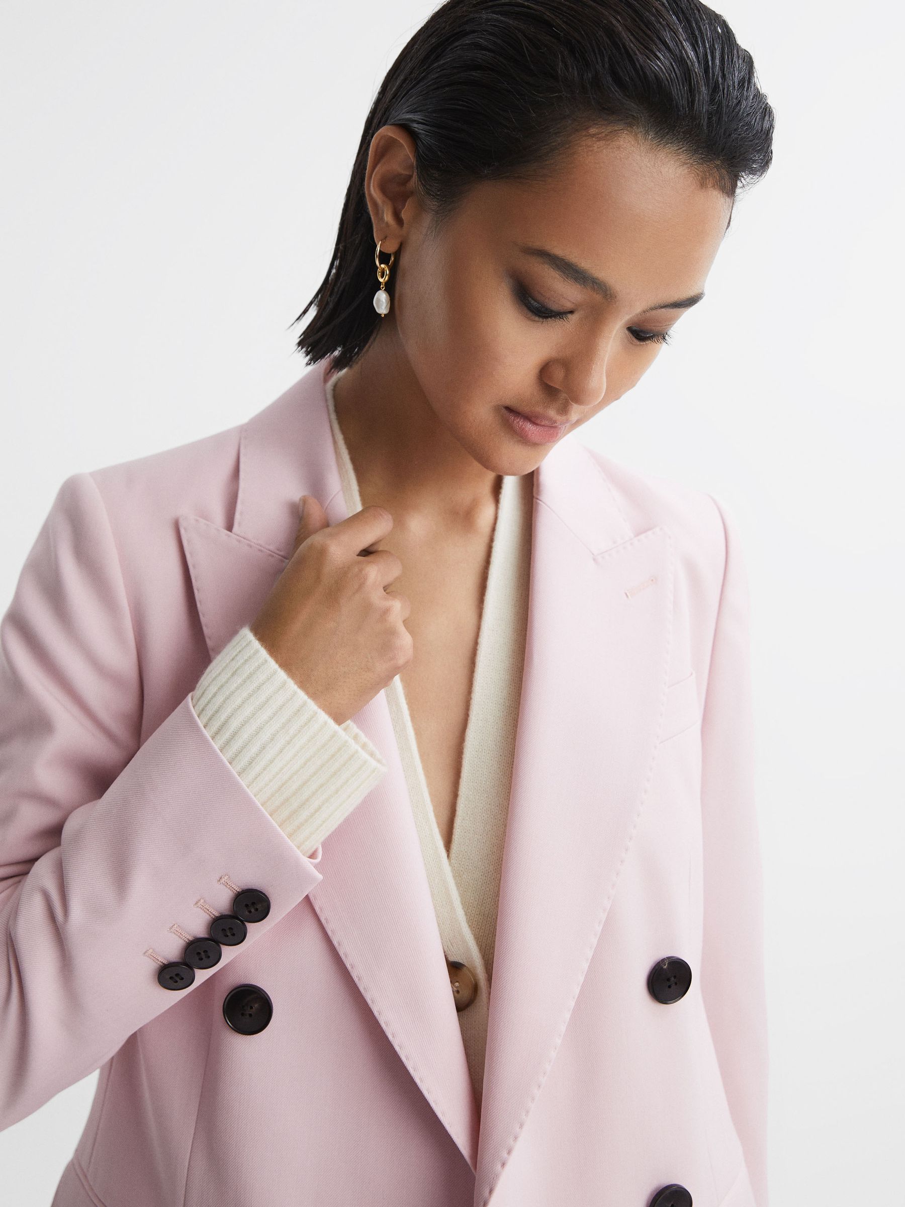 Tailored Wool Blend Double Breasted Blazer in Pink - Image 4 of 7