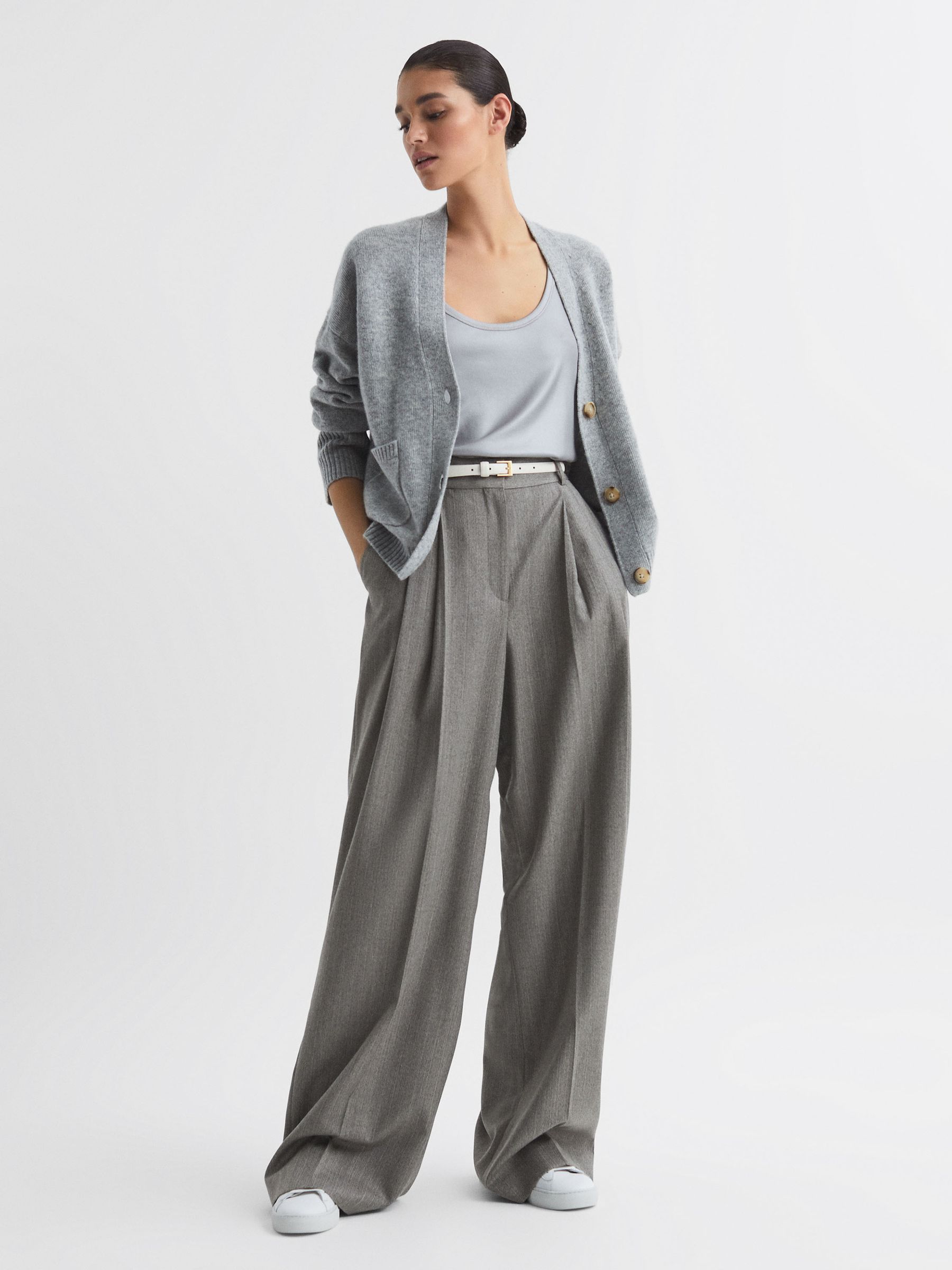 Petite Wool Blend Pinstripe Wide Leg Trousers in Grey - Image 1 of 6