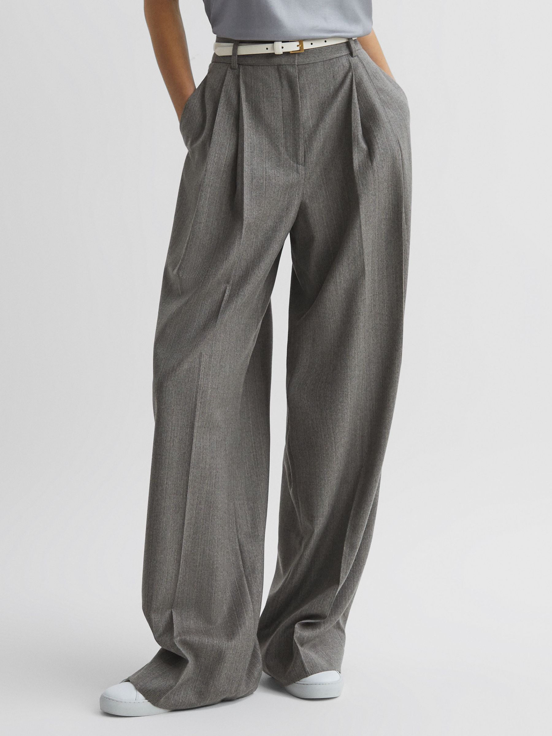 Reiss Petite Wool Blend Pinstripe Wide Leg Trousers in Grey | REISS