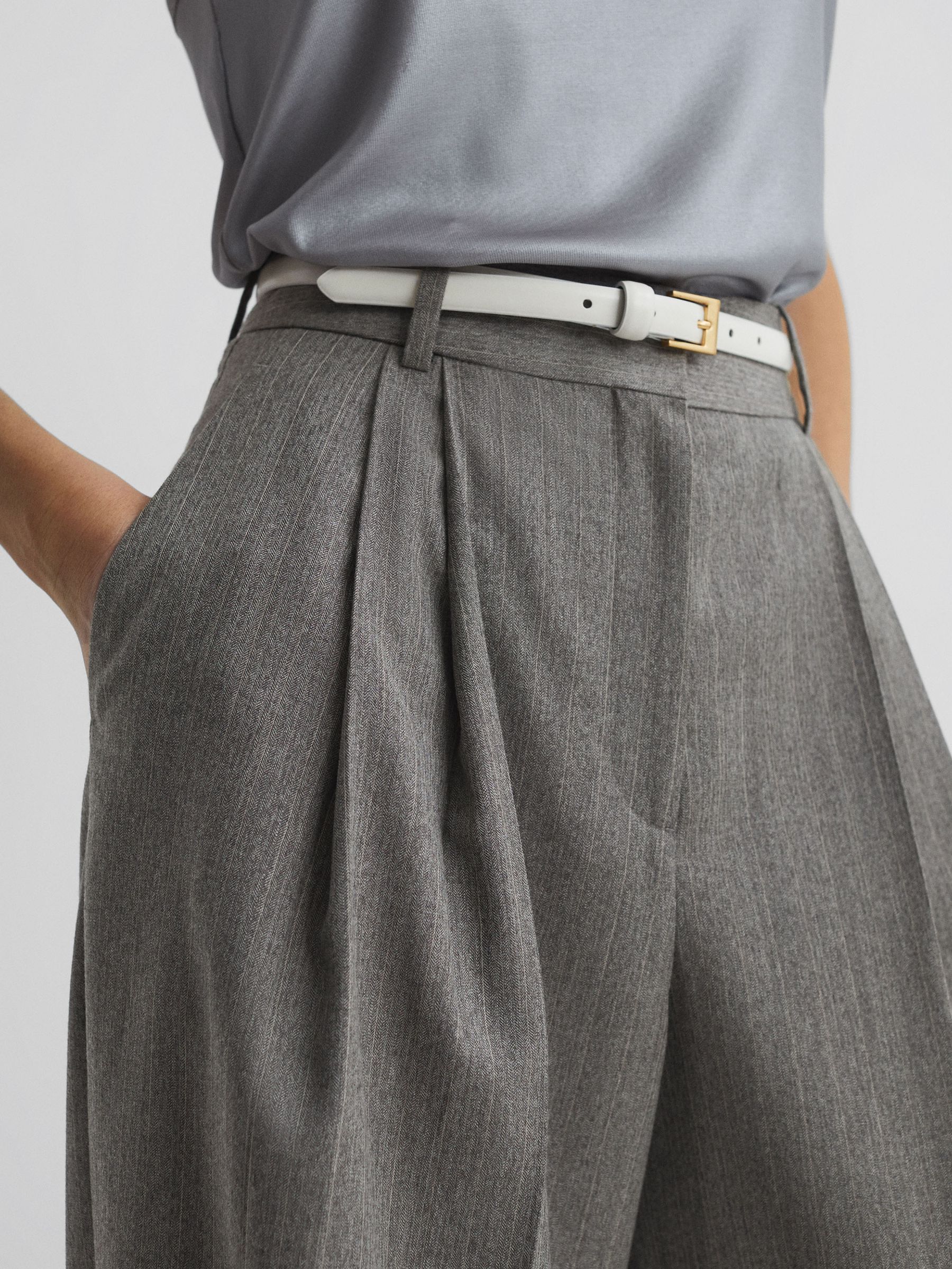 Wool Blend Pinstripe Wide Leg Trousers in Grey - Image 3 of 5