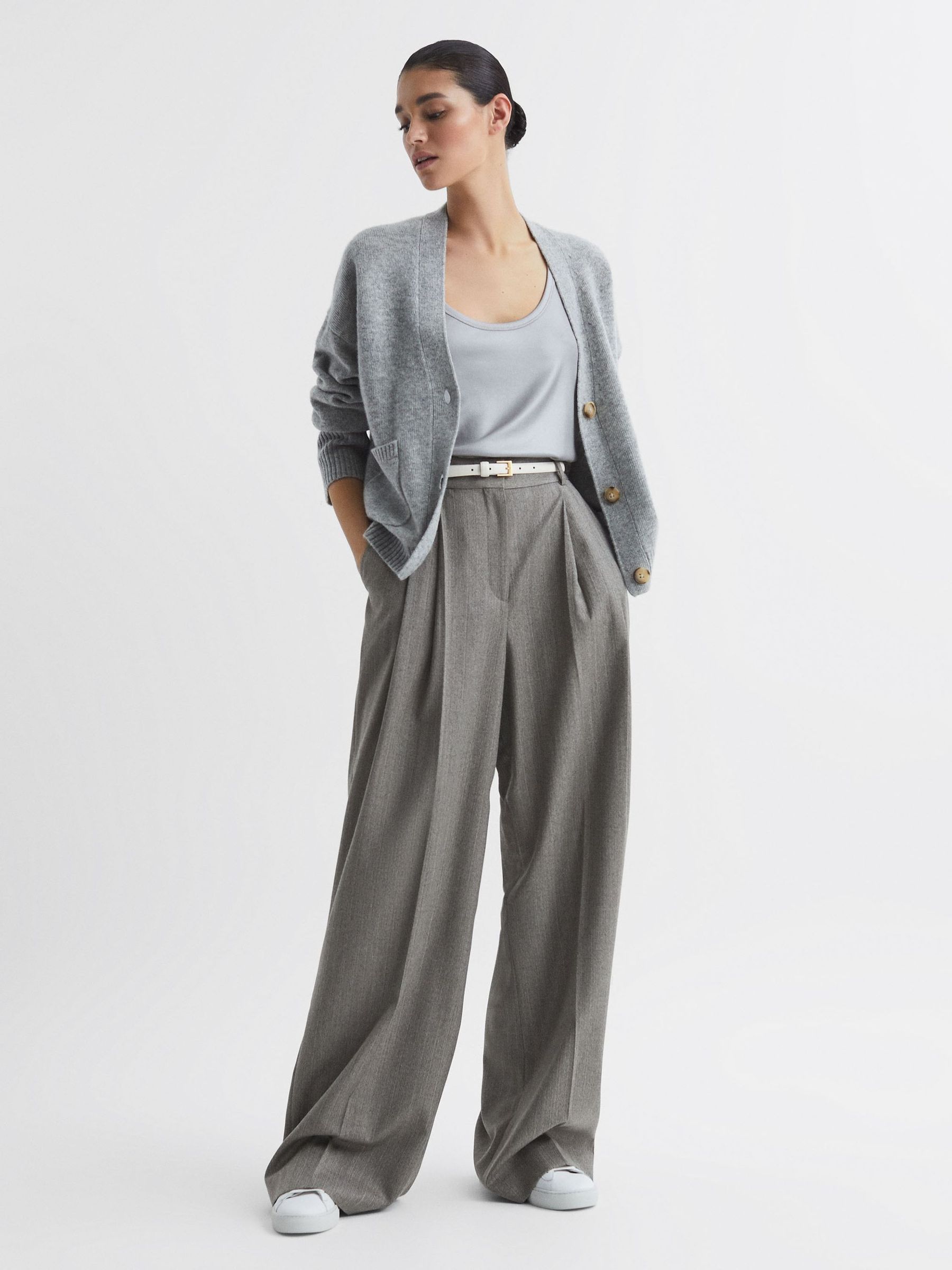 Wool Blend Pinstripe Wide Leg Trousers in Grey - Image 4 of 5