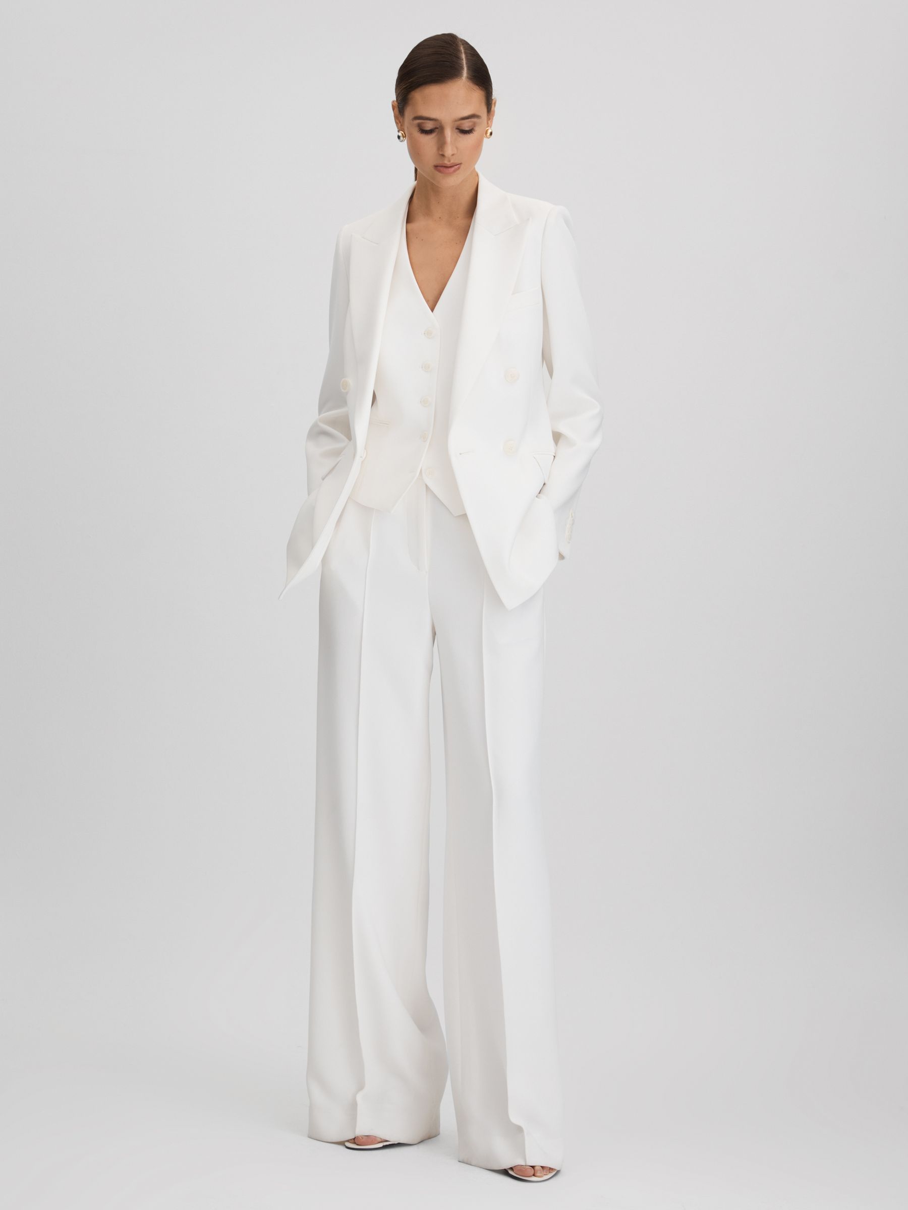 Crepe Wide Leg Suit Trousers in White - Image 1 of 7
