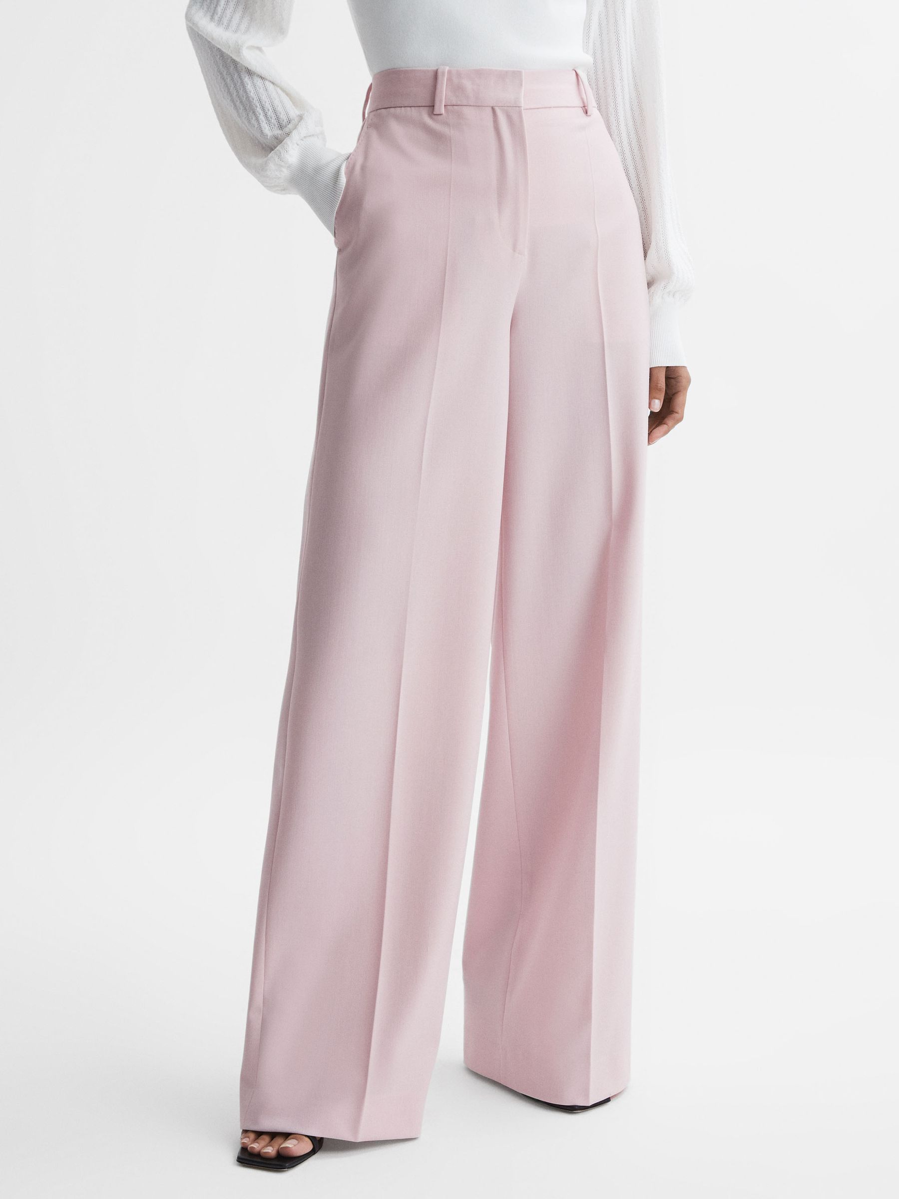 Wool Blend Mid Rise Wide Leg Trousers in Pink - Image 1 of 5
