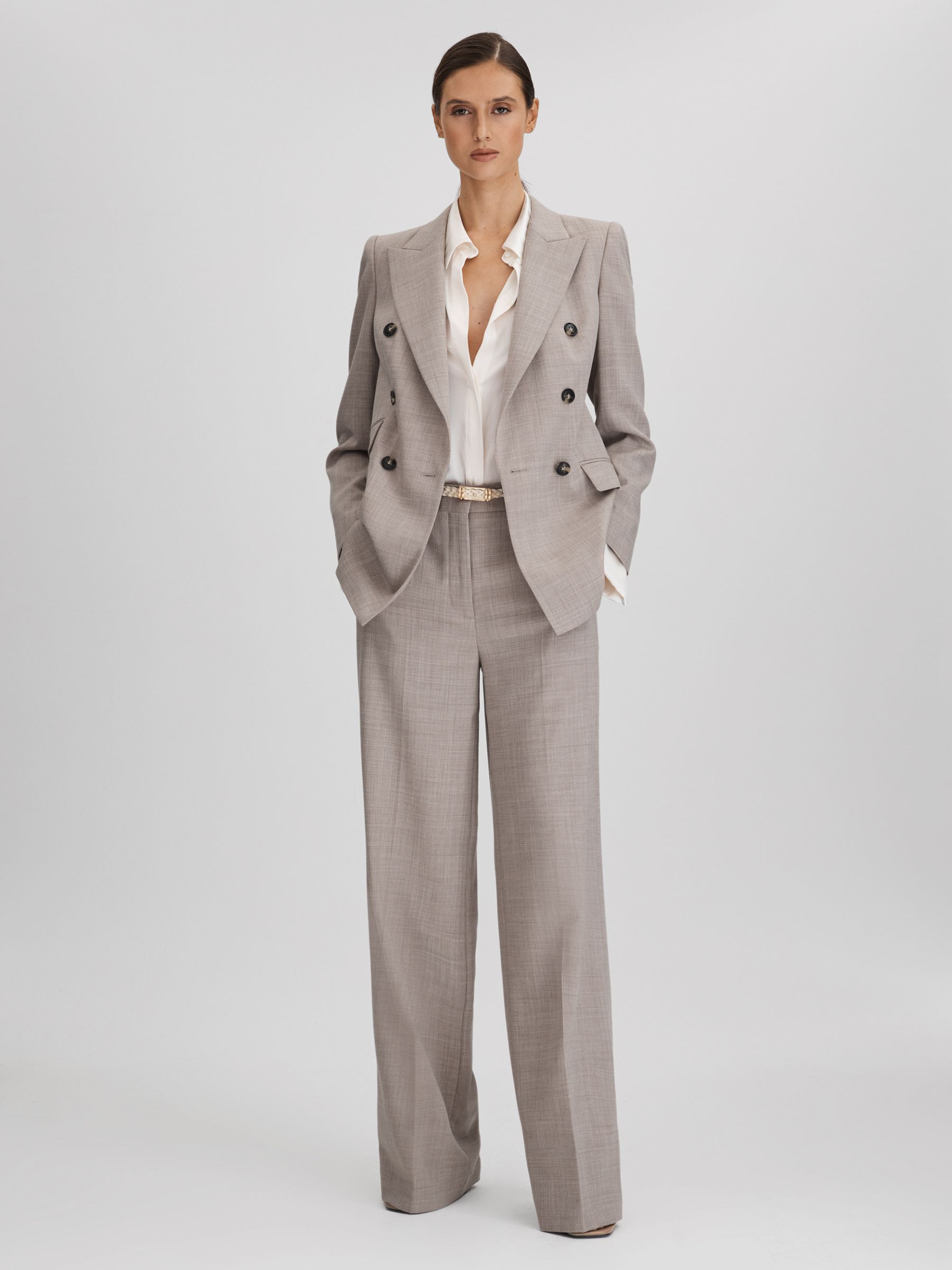 Tailored Wool Blend Double Breasted Suit Blazer in Oatmeal - Image 1 of 5
