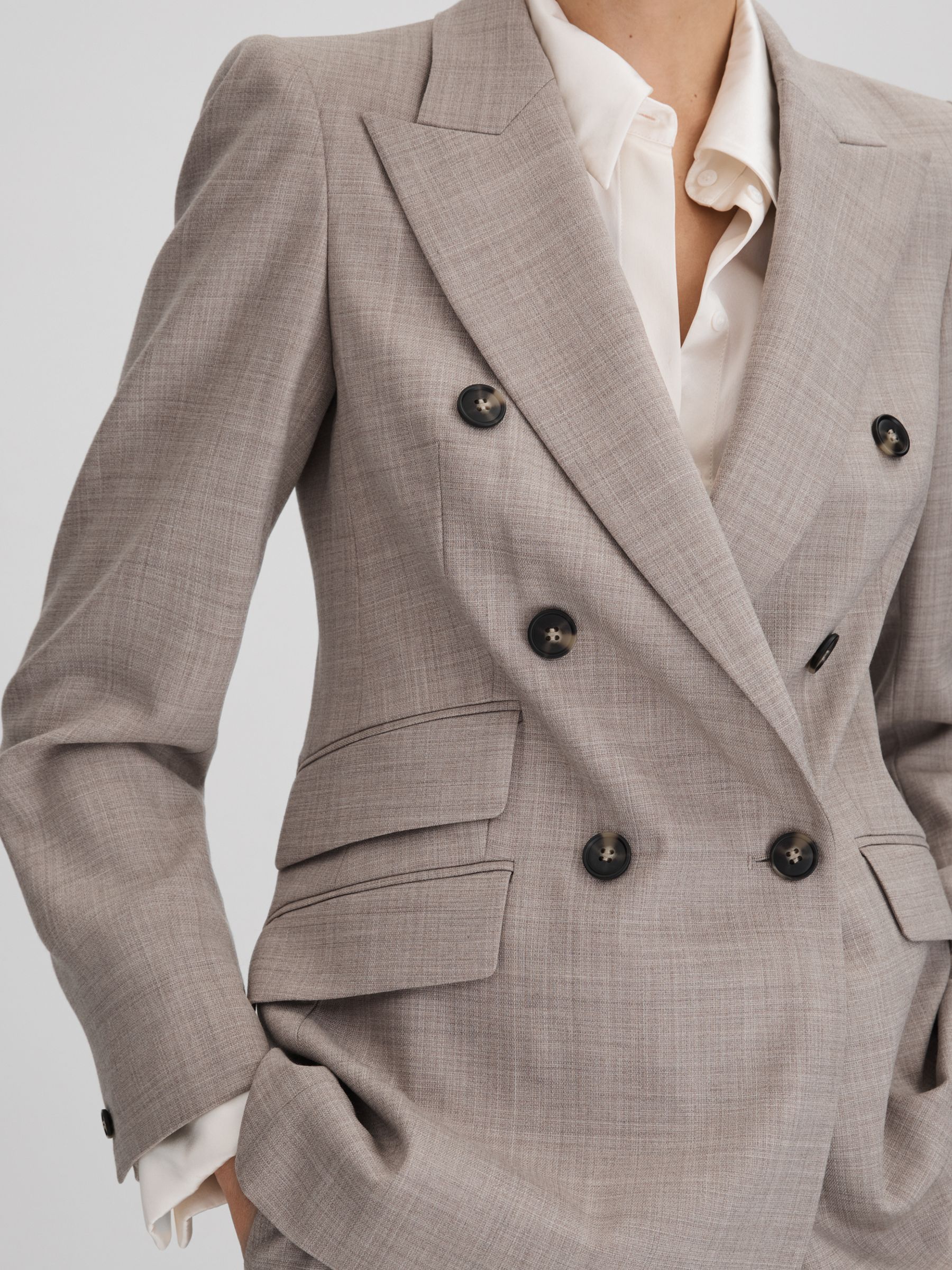 Tailored Wool Blend Double Breasted Suit Blazer in Oatmeal - Image 4 of 5